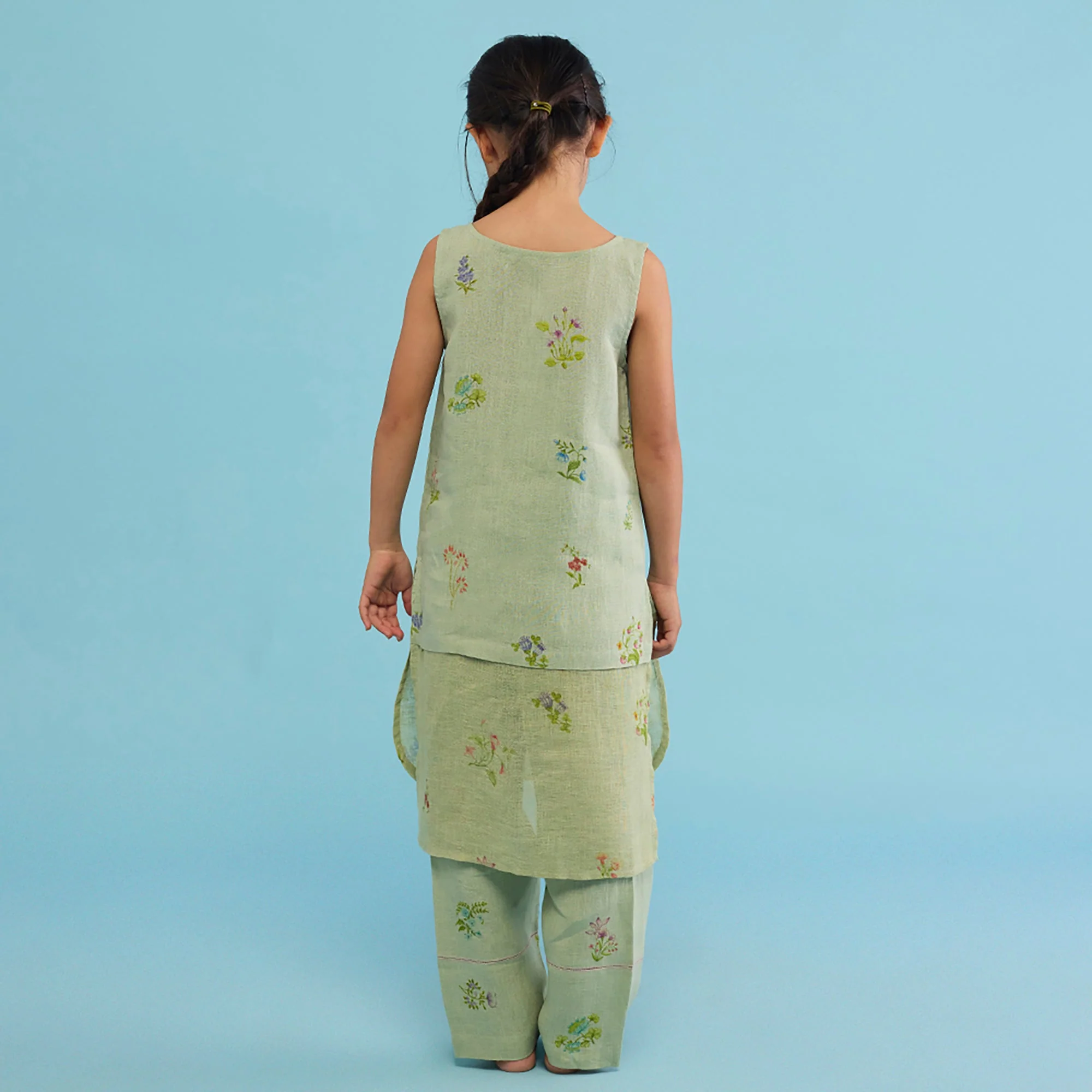 Aneya Patchwork Floral Linen Kurta Set - Mint - Image 3