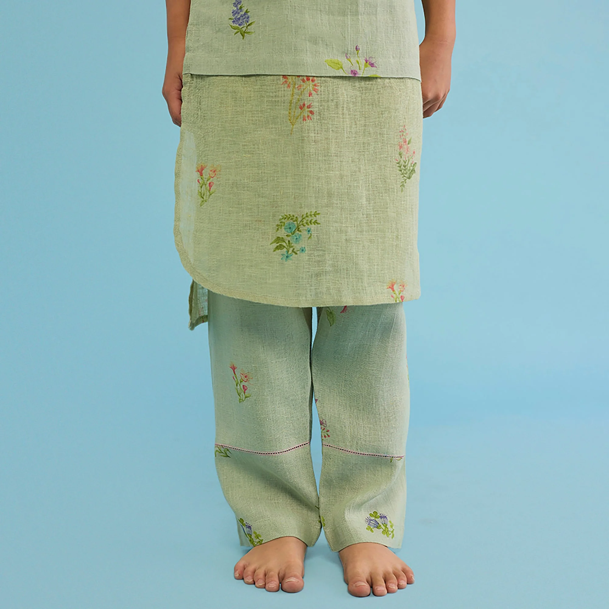 Aneya Patchwork Floral Linen Kurta Set - Mint - Image 5