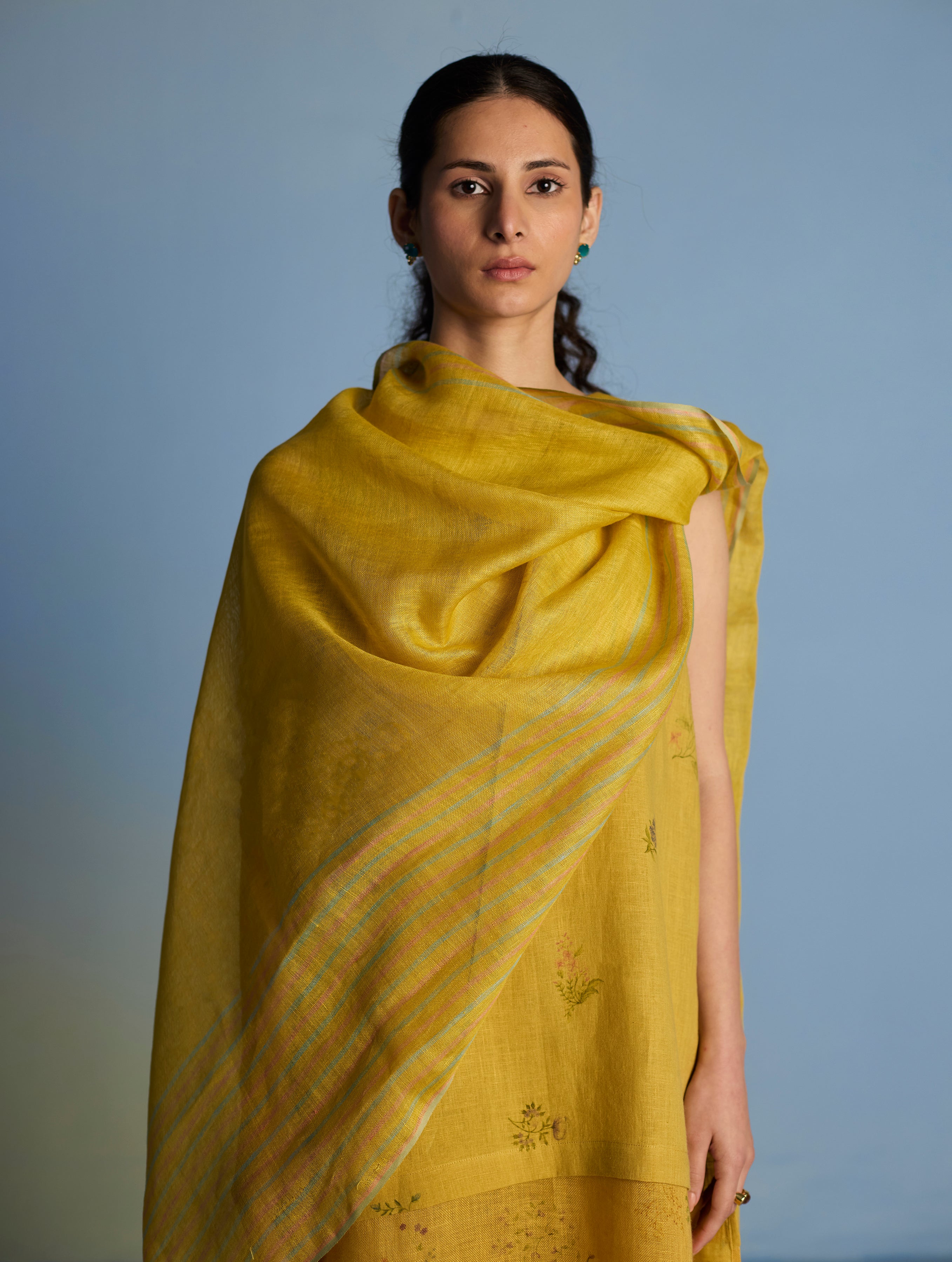 Aneya Patchwork Floral Linen Kurta Set - Ochre - Image 10