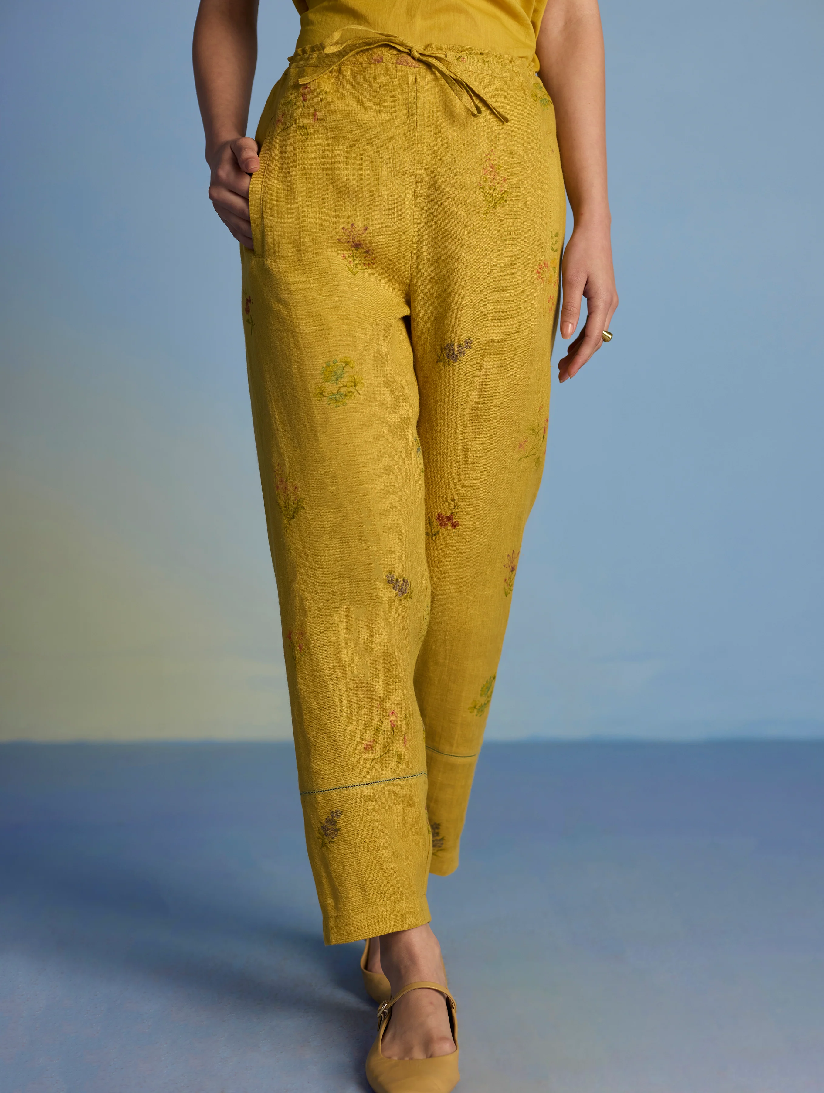 Aneya Patchwork Floral Linen Kurta Set - Ochre - Image 11