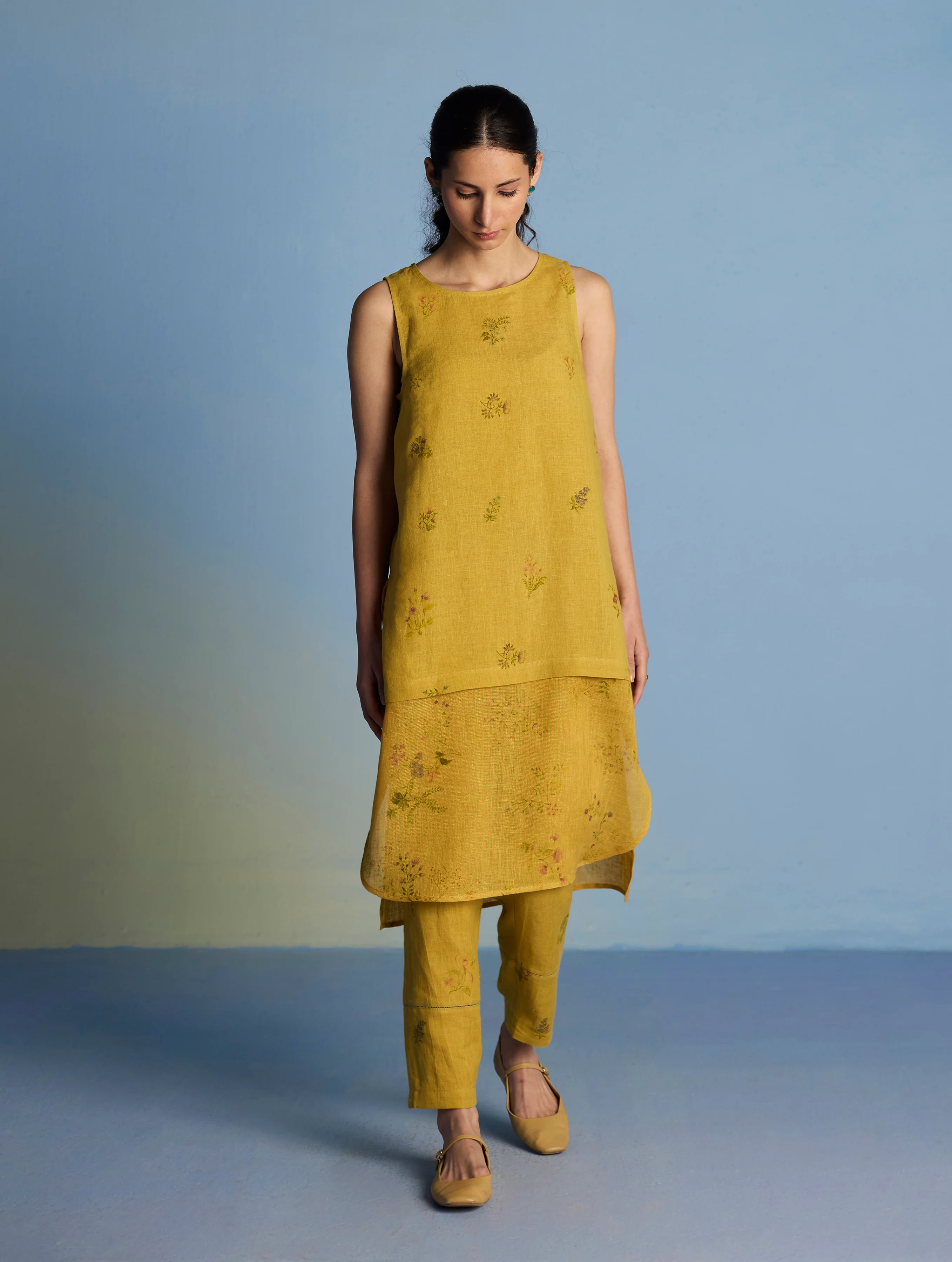 Aneya Patchwork Floral Linen Kurta Set - Ochre - Image 2