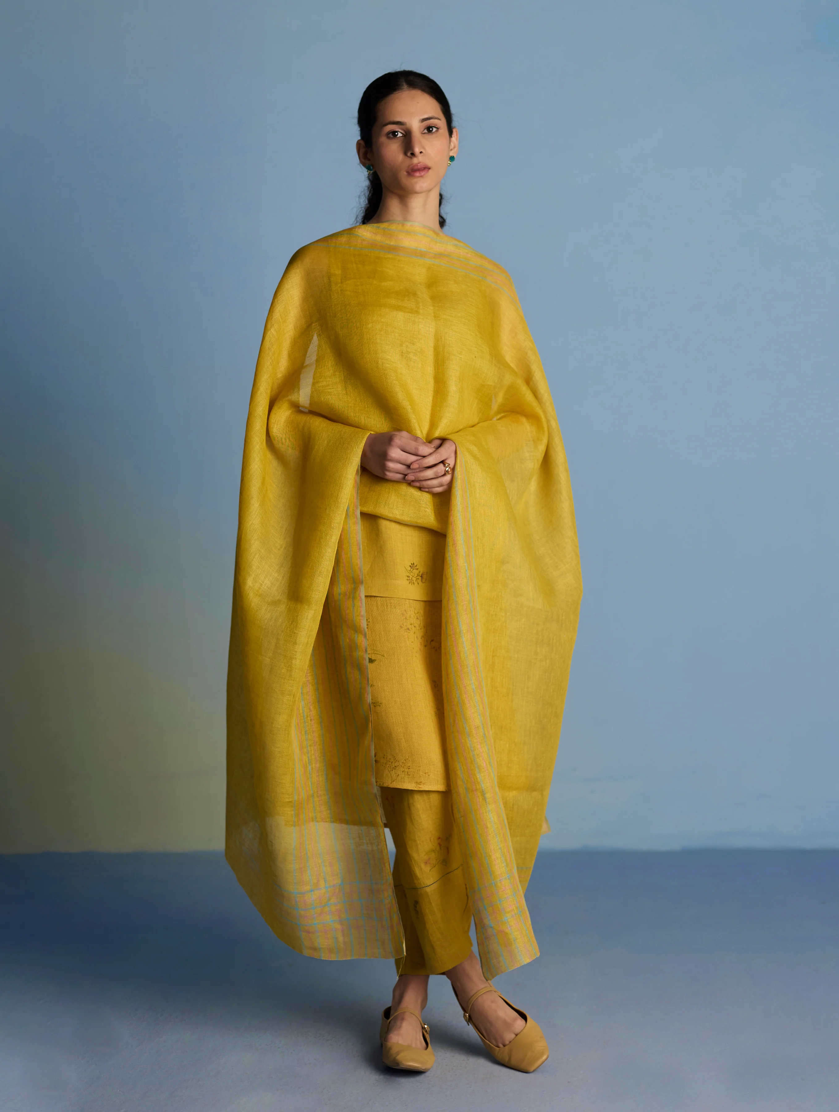 Aneya Patchwork Floral Linen Kurta Set - Ochre - Image 5