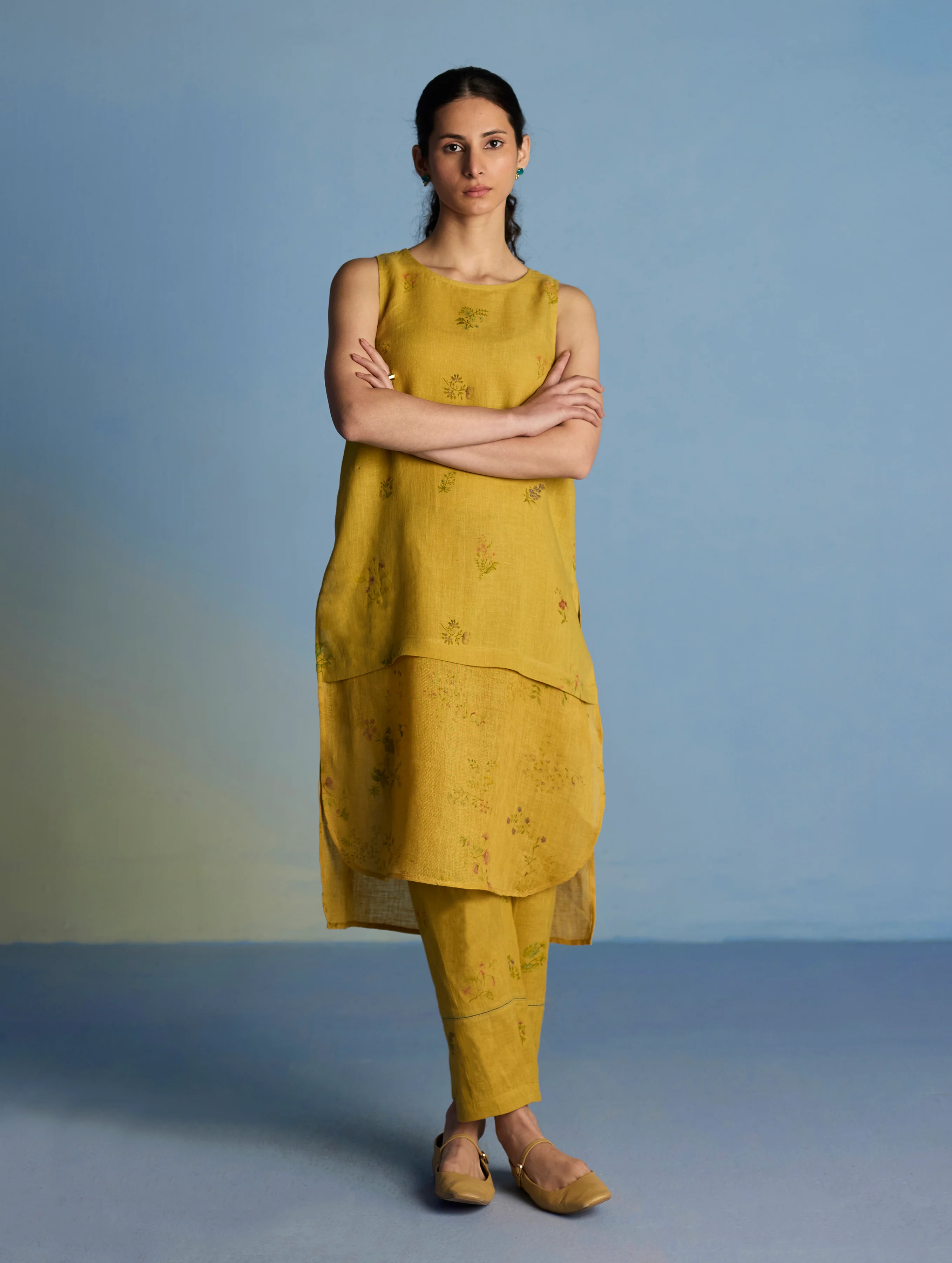 Aneya Patchwork Floral Linen Kurta Set - Ochre - Image 6