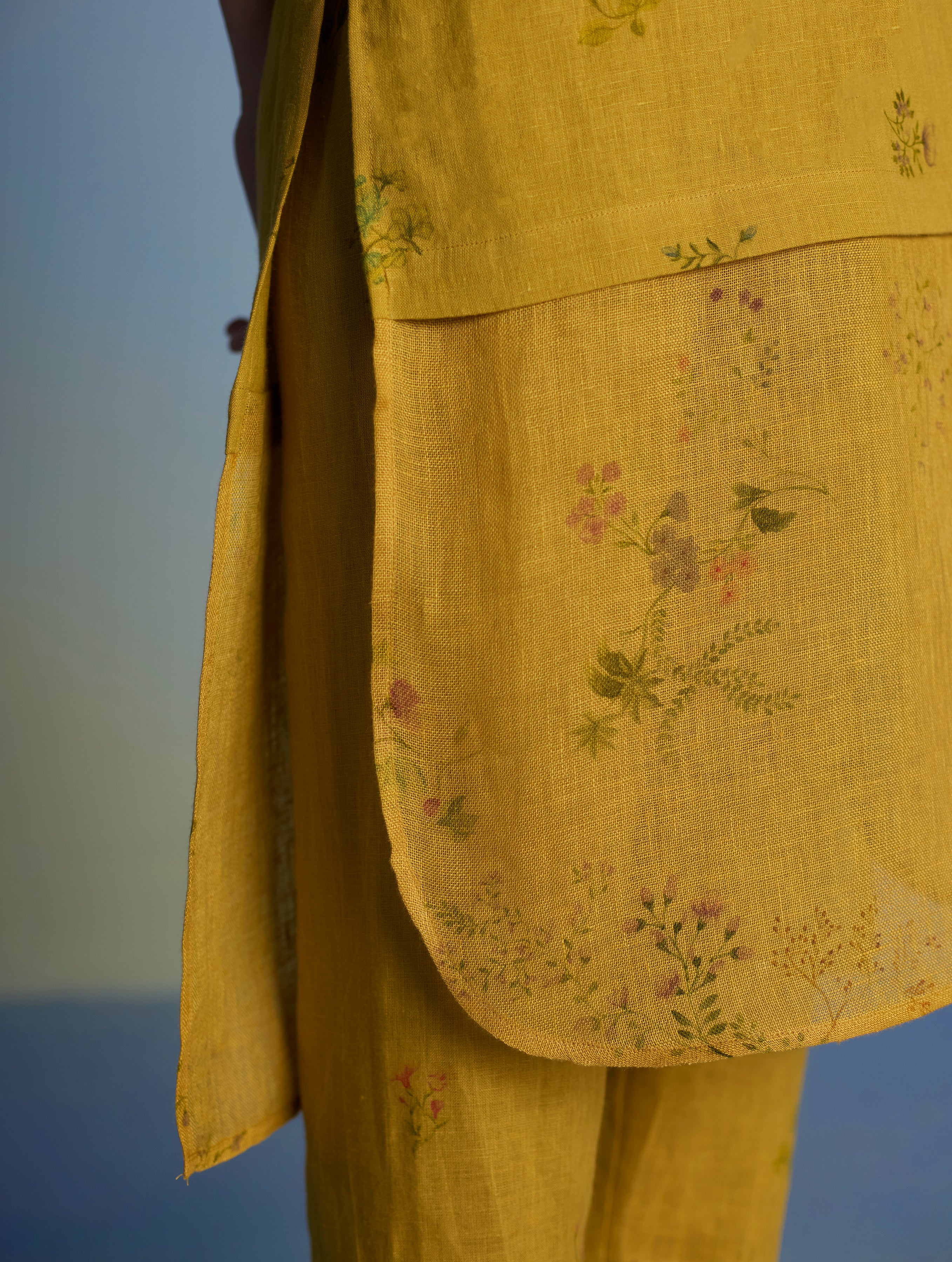 Aneya Patchwork Floral Linen Kurta Set - Ochre - Image 7