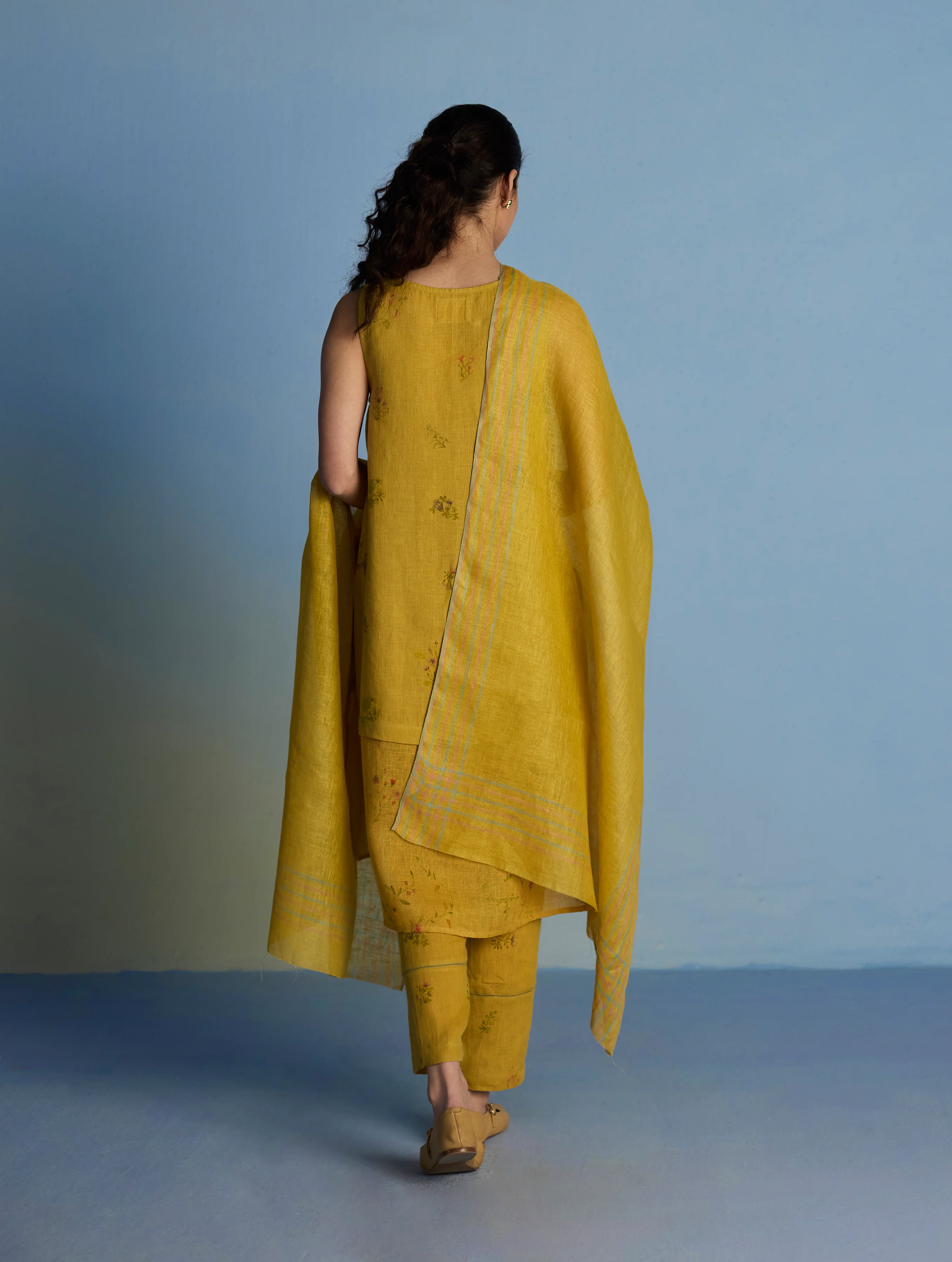 Aneya Patchwork Floral Linen Kurta Set - Ochre - Image 8