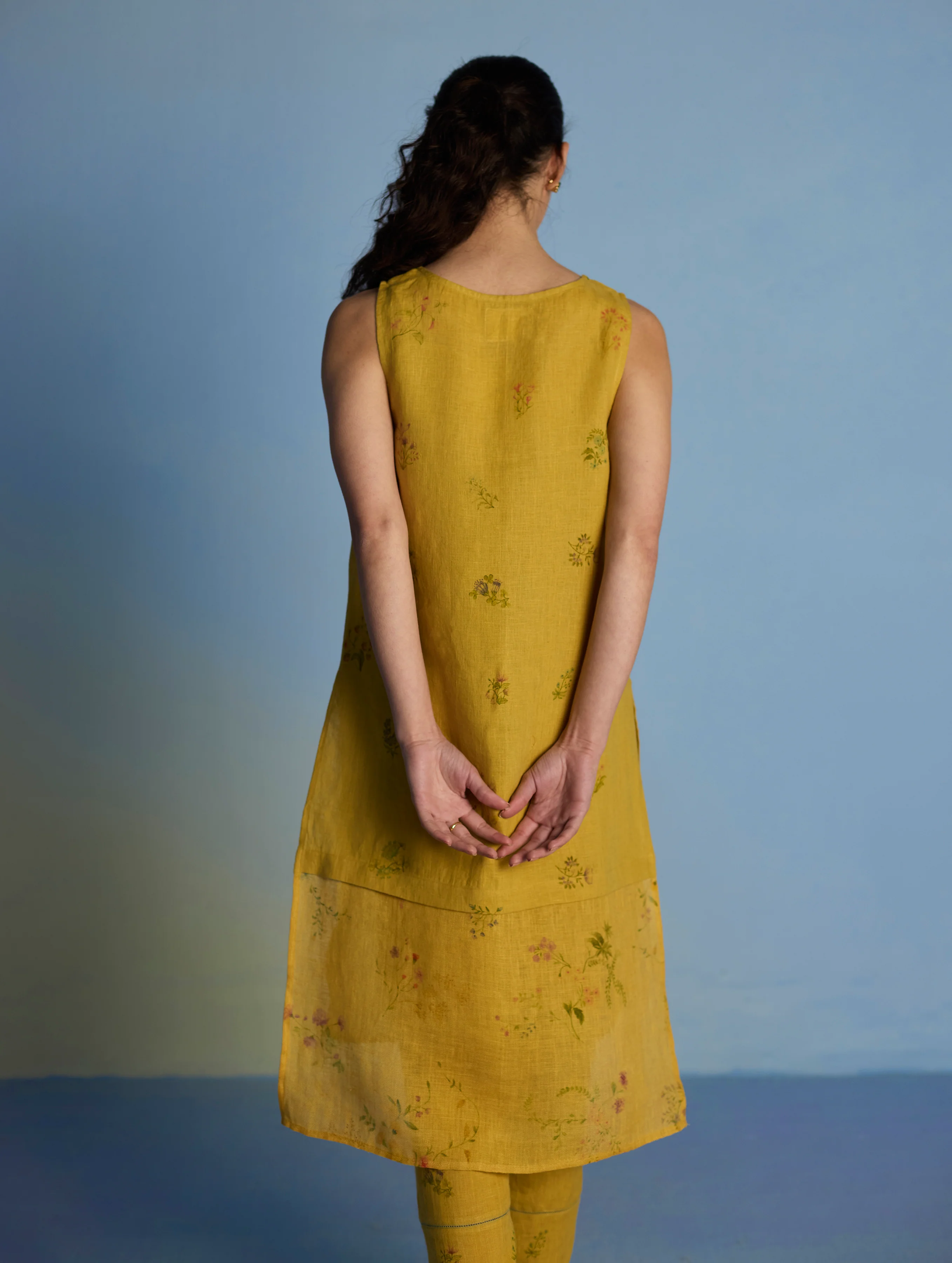 Aneya Patchwork Floral Linen Kurta Set - Ochre - Image 9