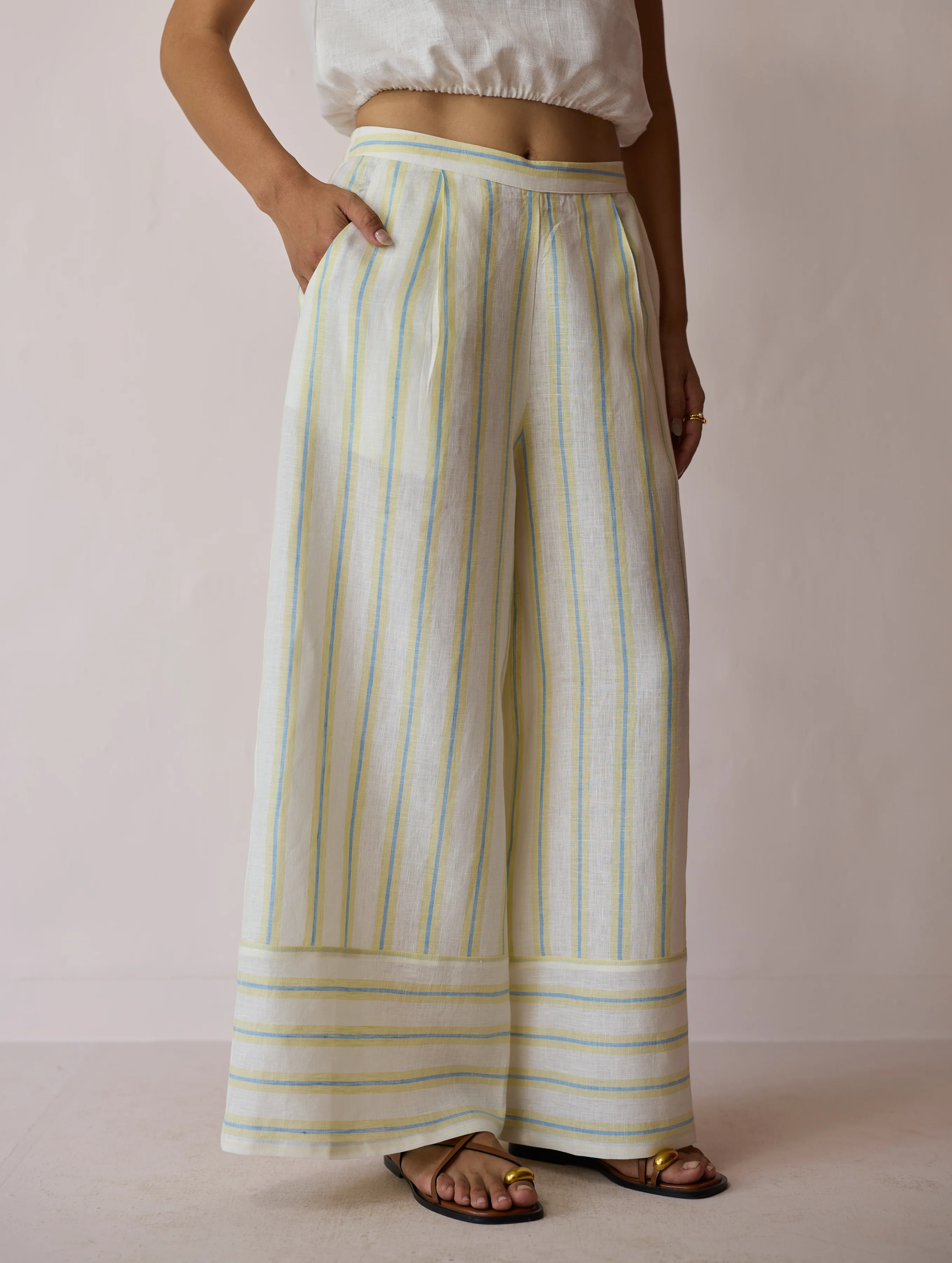 Anne V-Neck Stripe Linen Co-ord Set - Ivory - Image 11