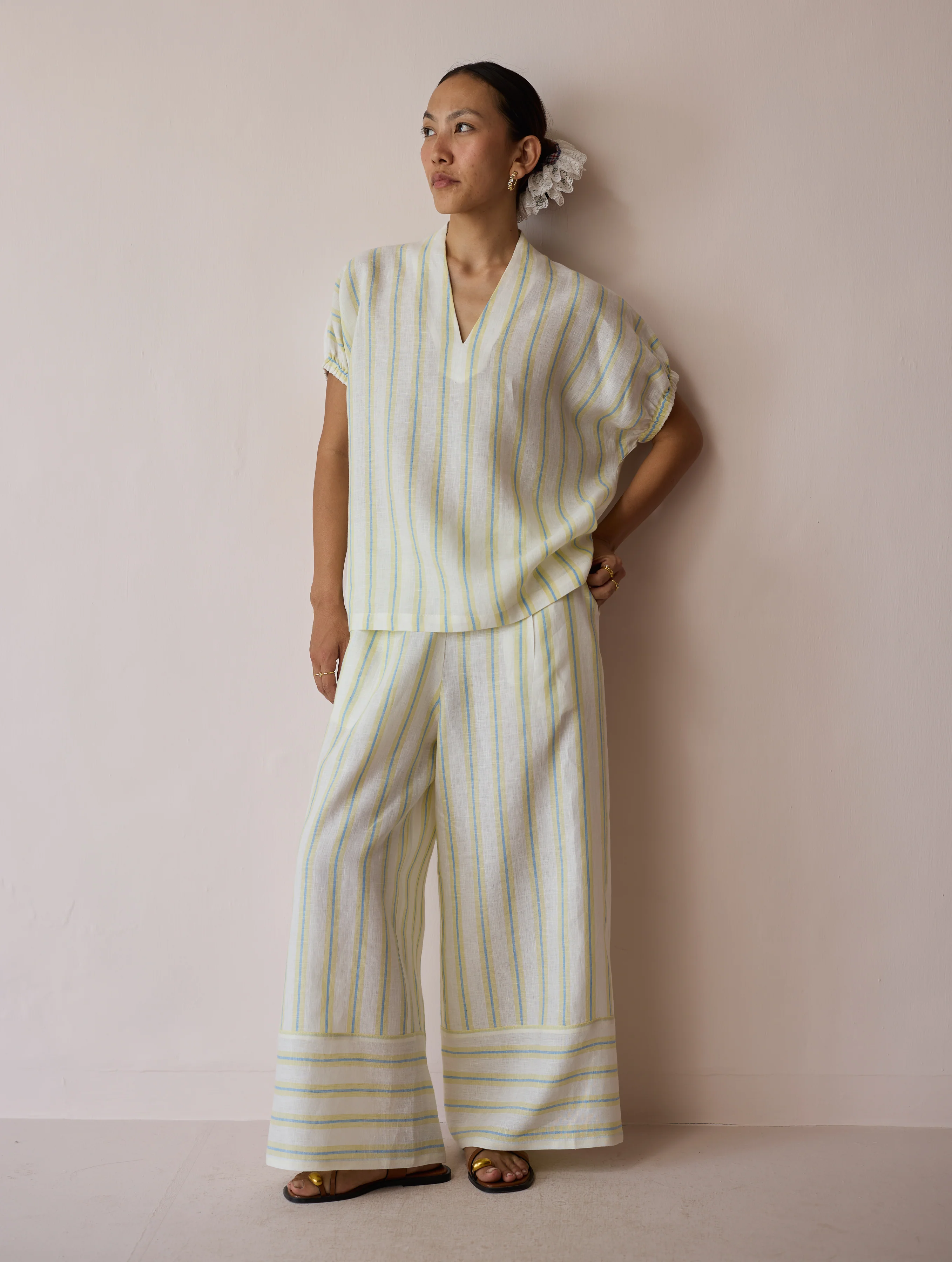 Anne V-Neck Stripe Linen Co-ord Set - Ivory - Image 12