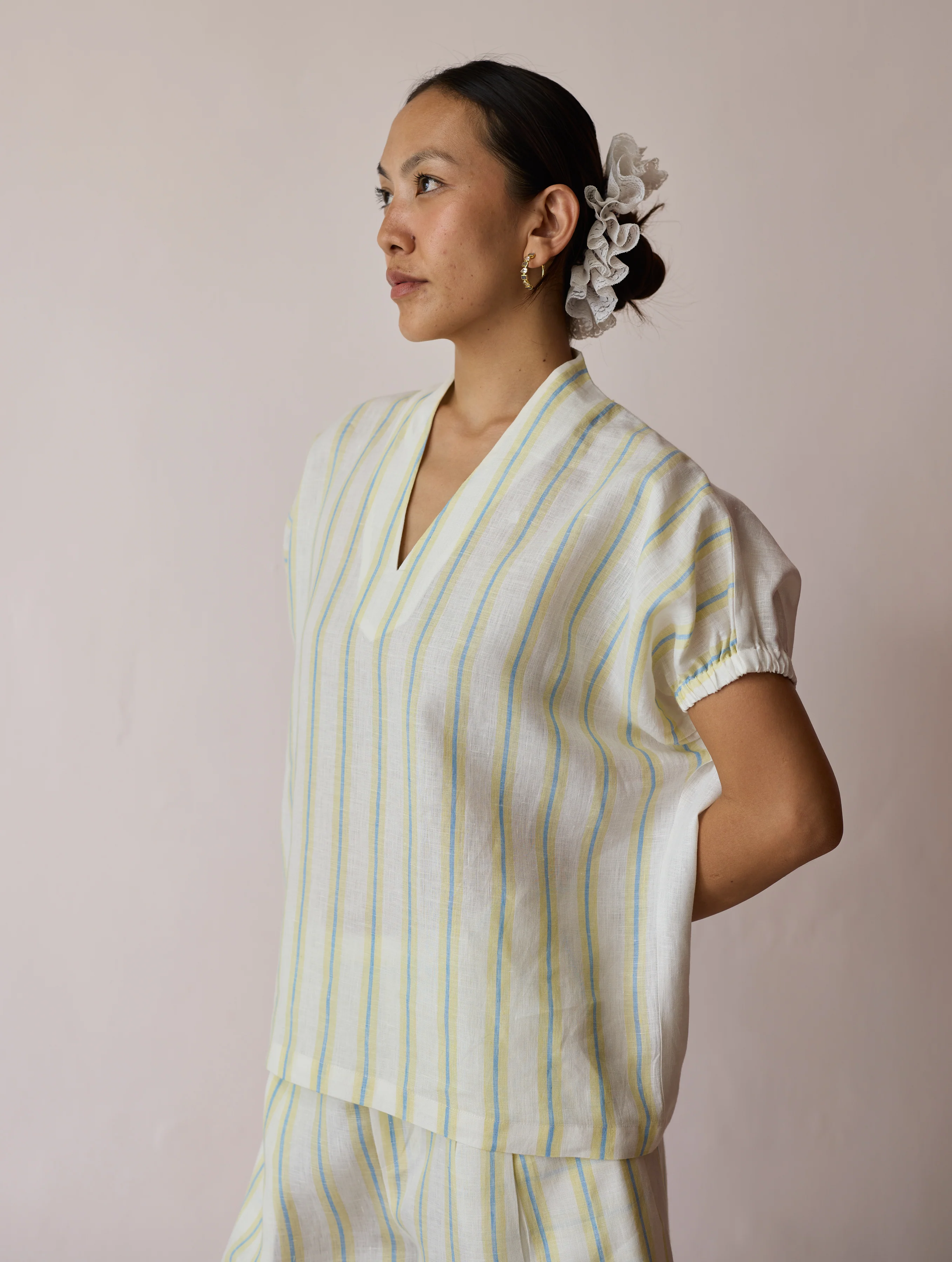 Anne V-Neck Stripe Linen Co-ord Set - Ivory - Image 3