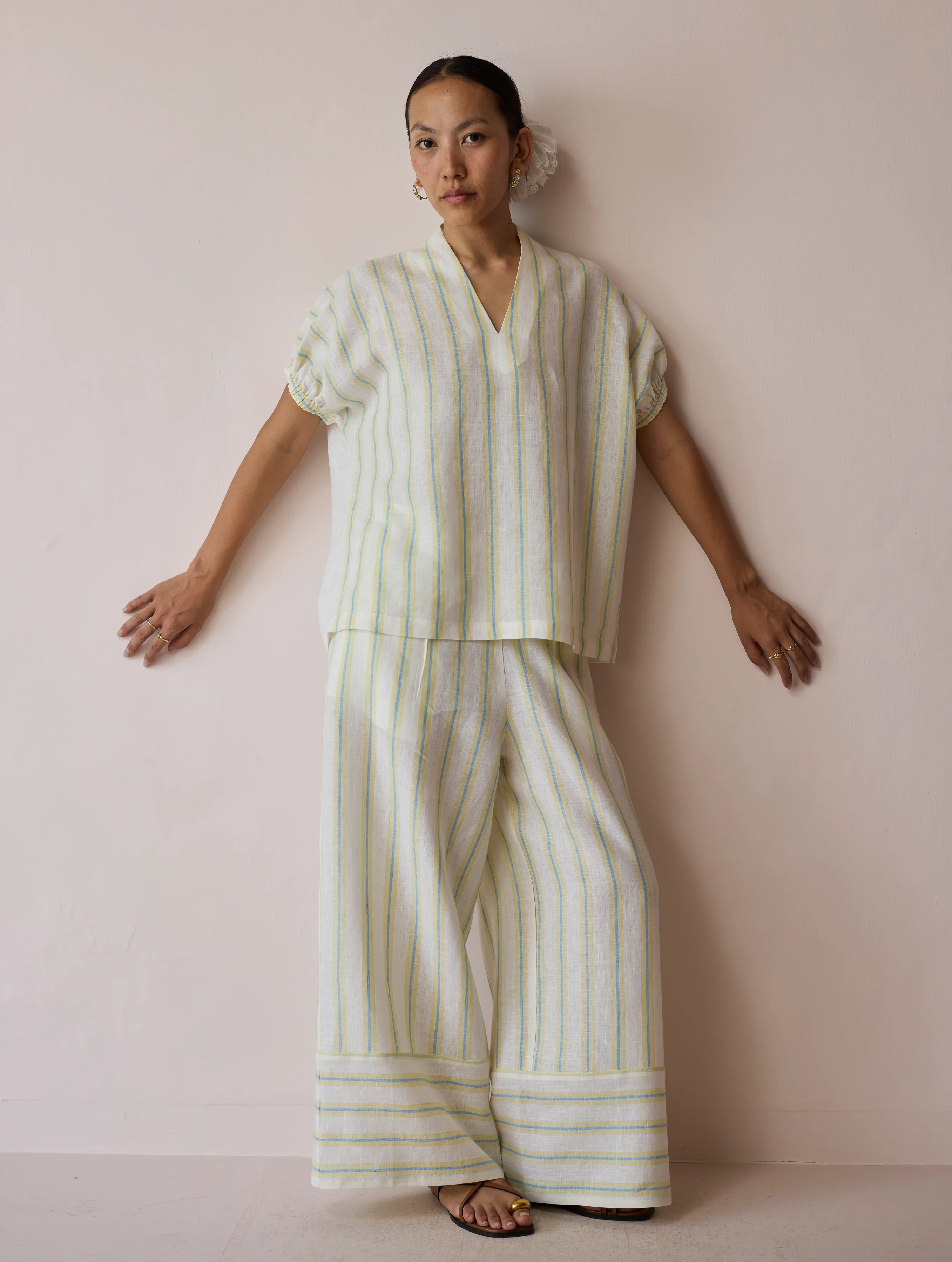 Anne V-Neck Stripe Linen Co-ord Set - Ivory - Image 5