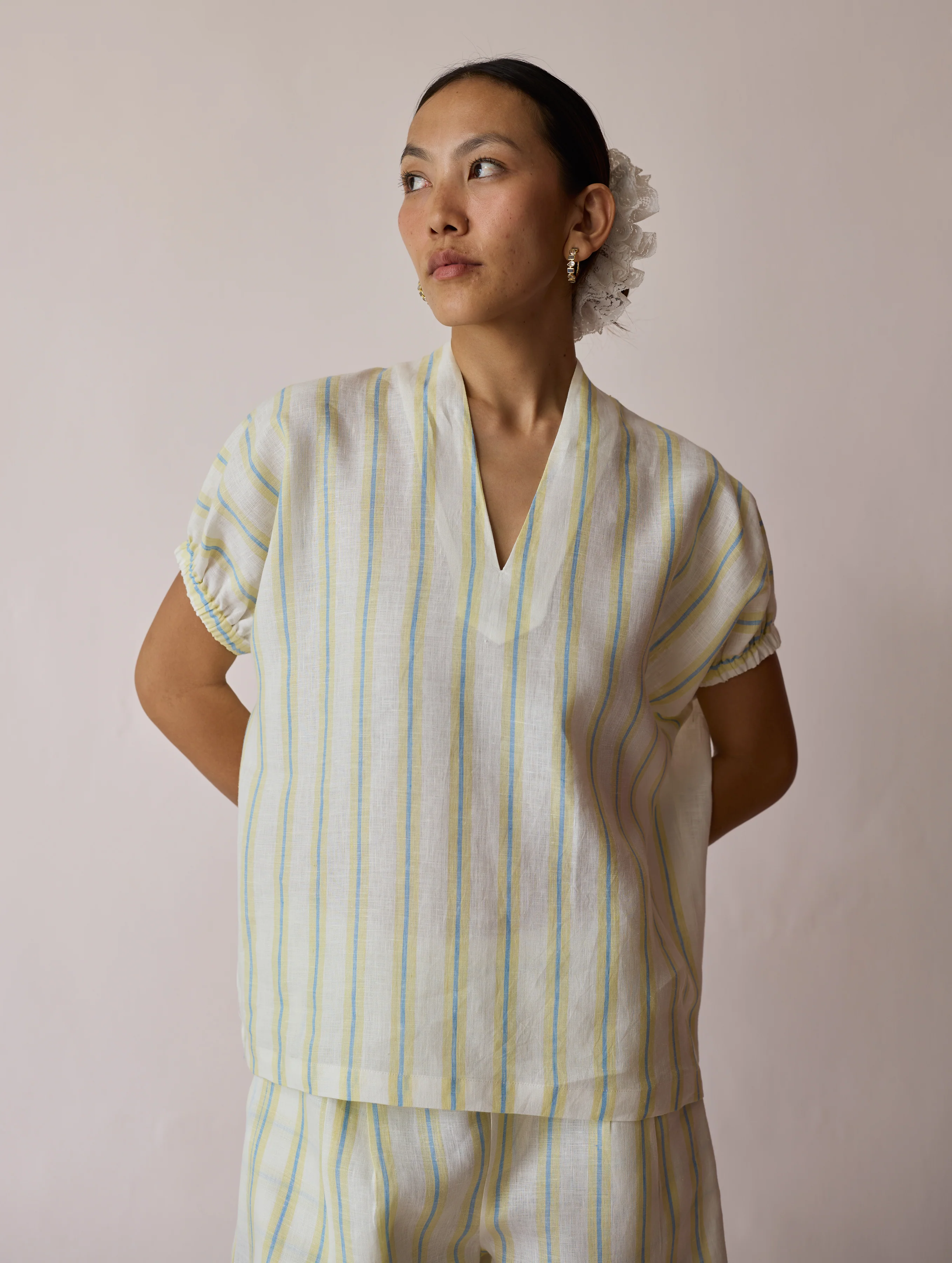 Anne V-Neck Stripe Linen Co-ord Set - Ivory - Image 7