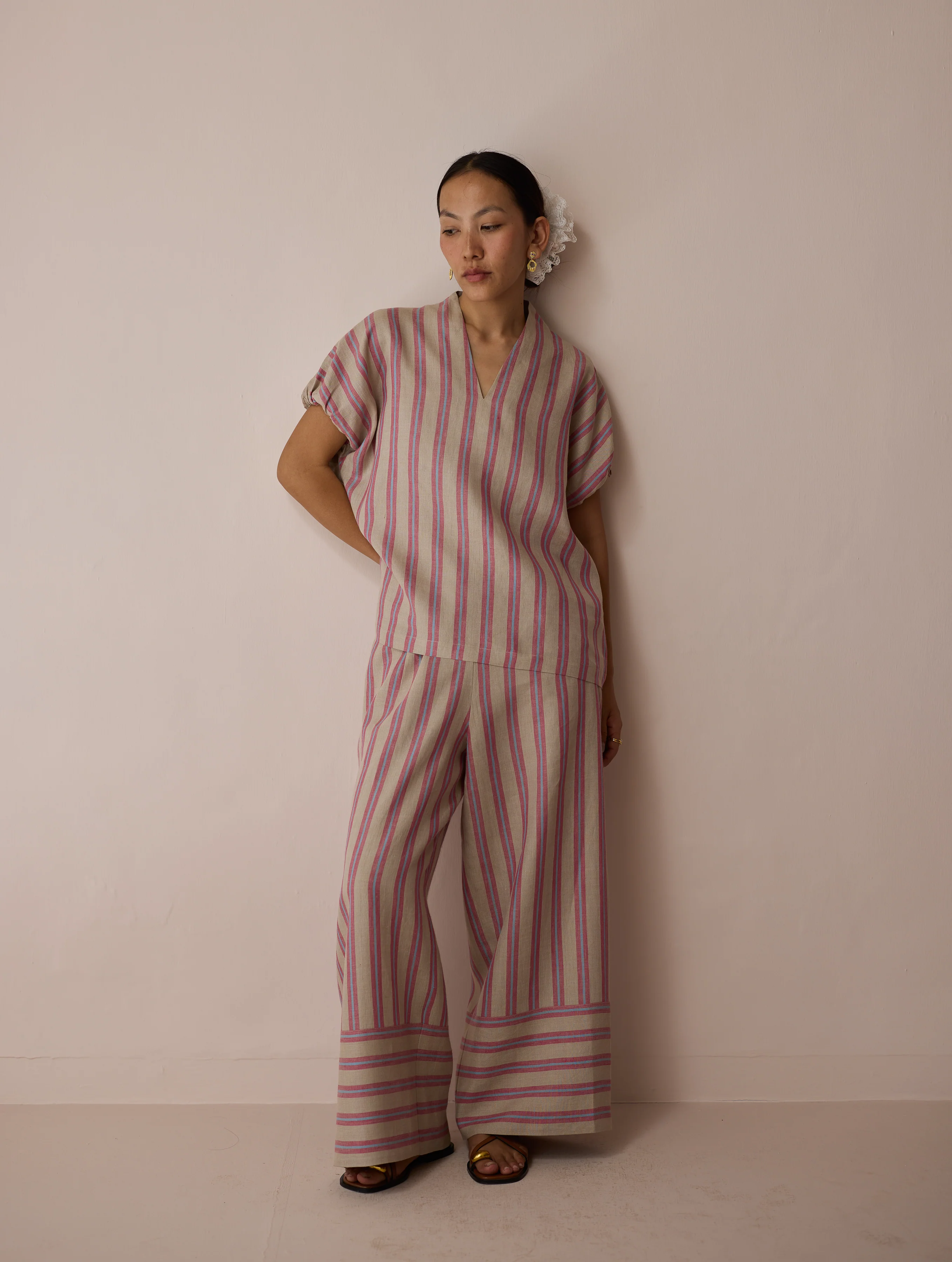 Anne V-Neck Stripe Linen Co-ord Set - Natural