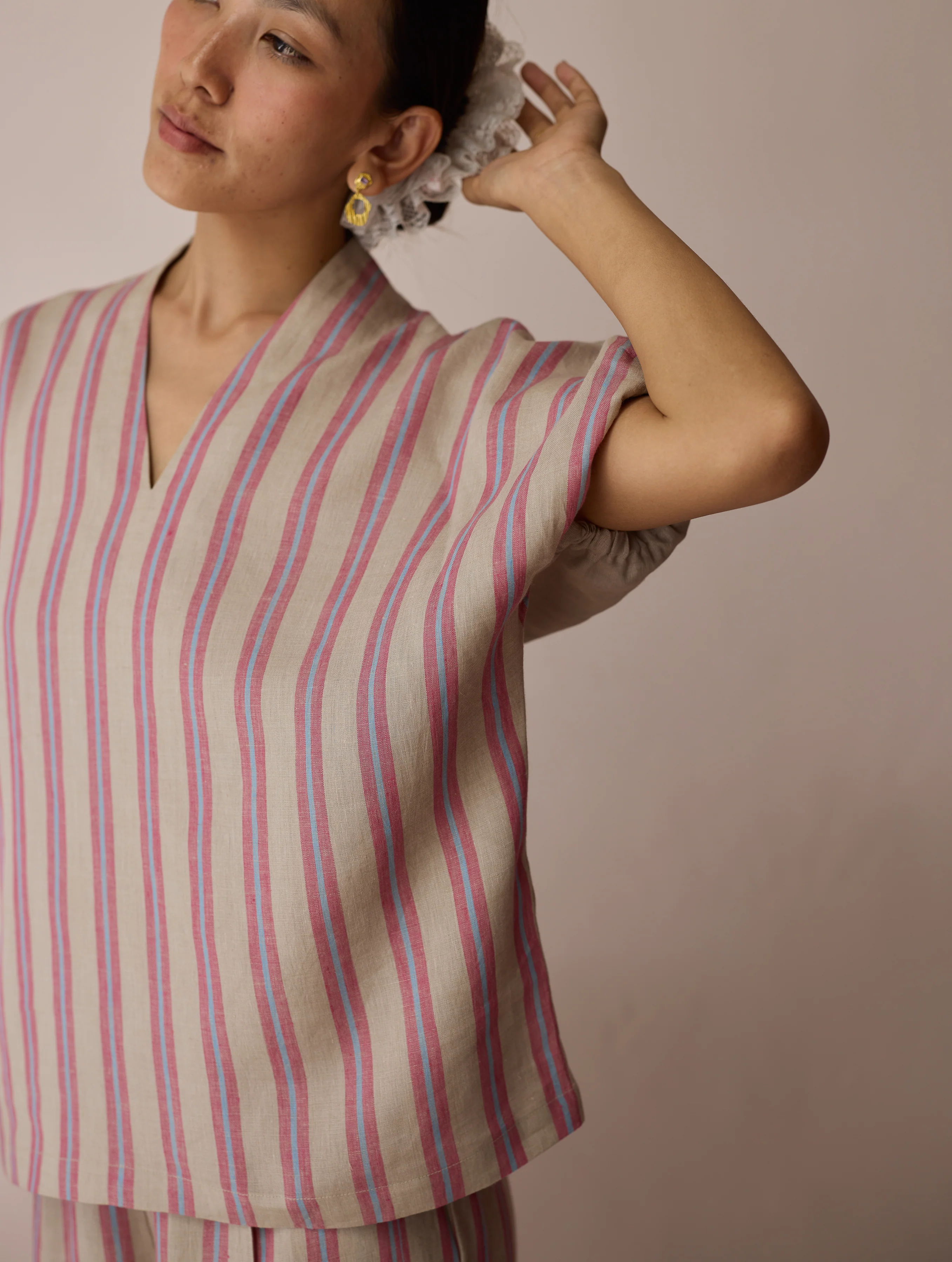 Anne V-Neck Stripe Linen Co-ord Set - Natural - Image 10