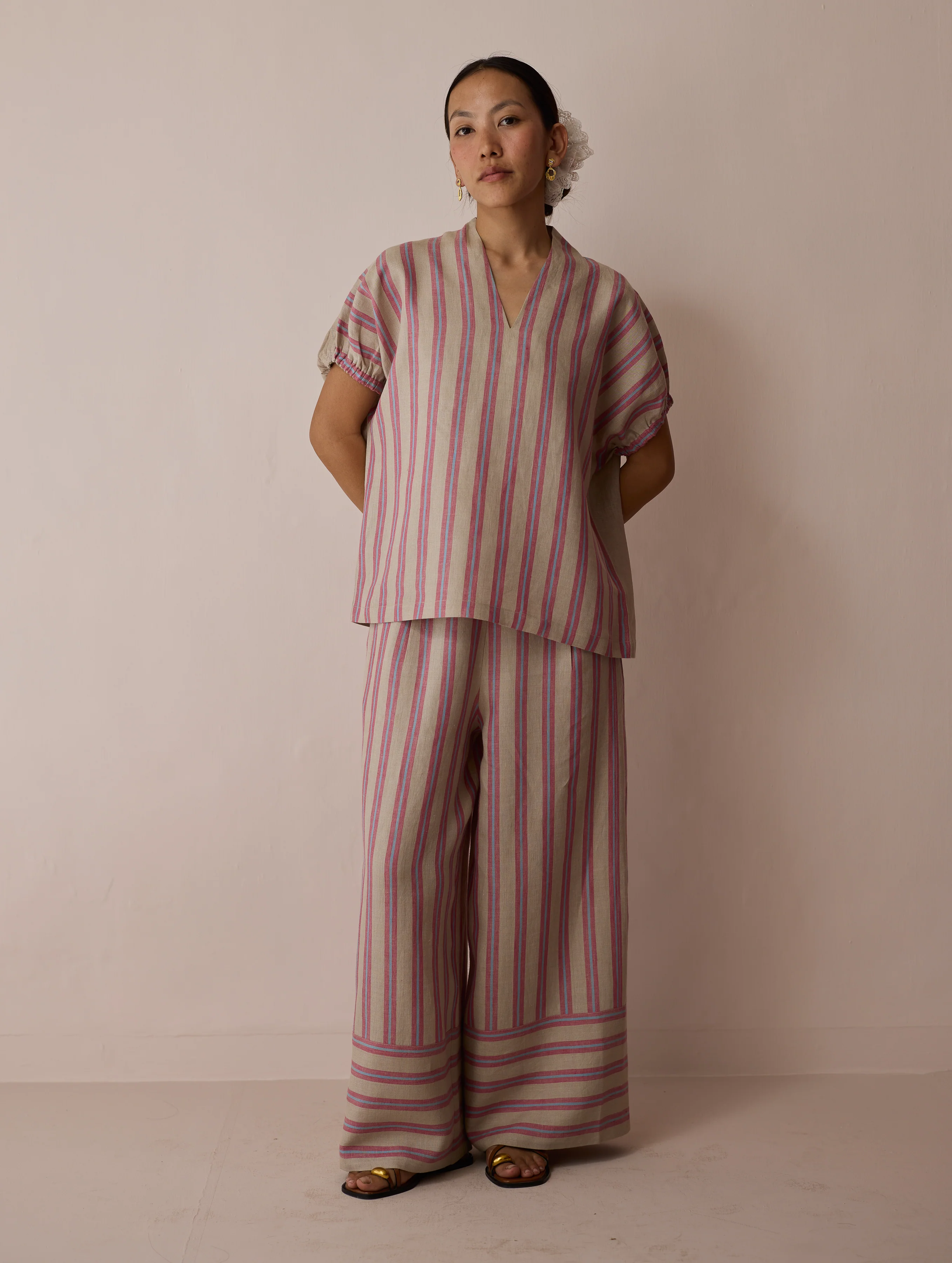 Anne V-Neck Stripe Linen Co-ord Set - Natural - Image 11
