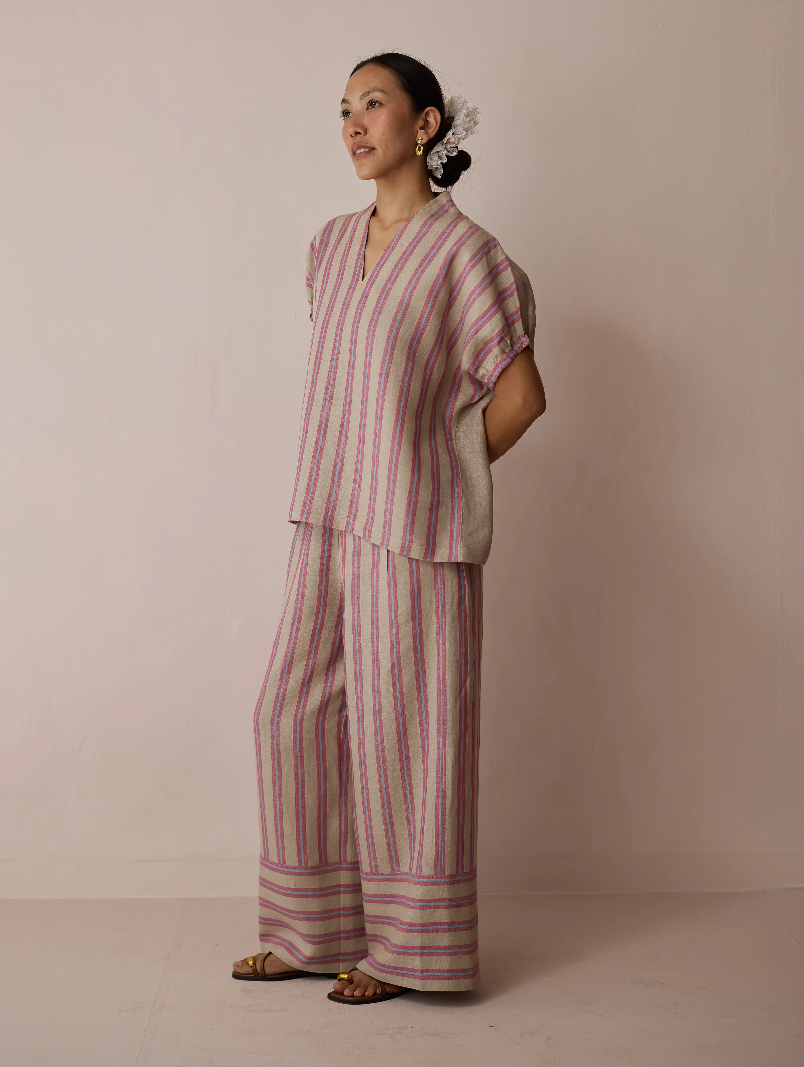 Anne V-Neck Stripe Linen Co-ord Set - Natural - Image 2