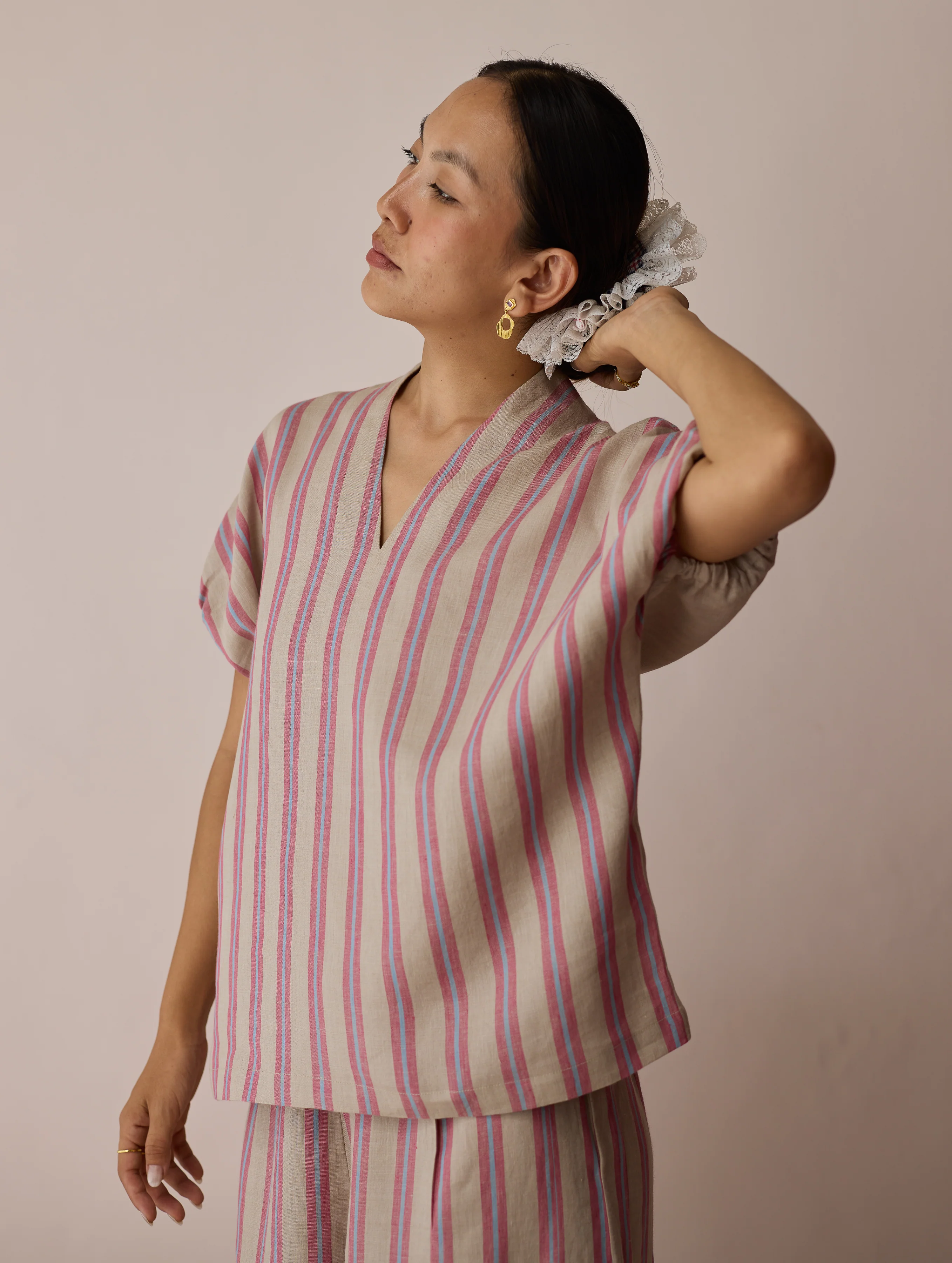 Anne V-Neck Stripe Linen Co-ord Set - Natural - Image 3
