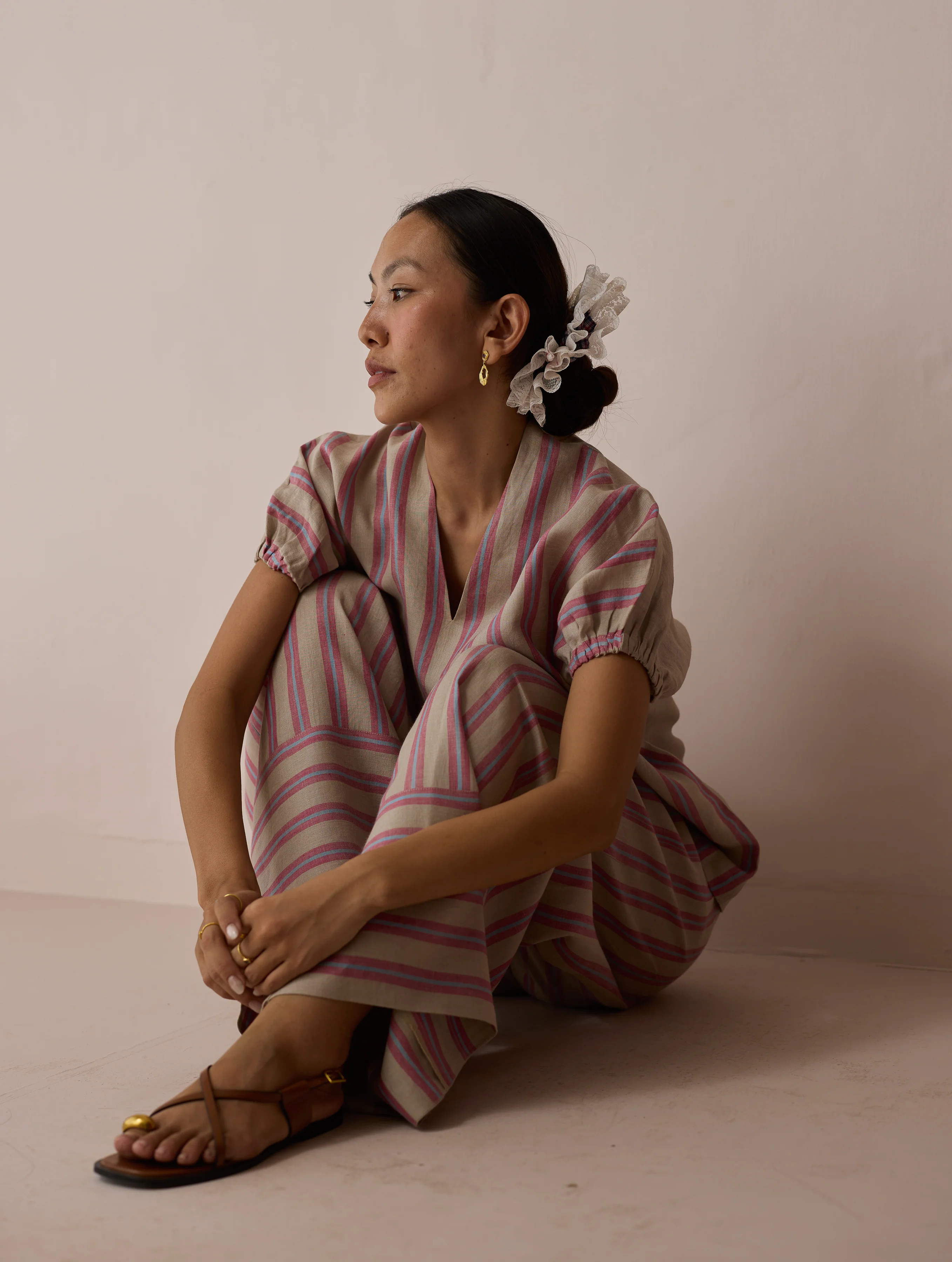 Anne V-Neck Stripe Linen Co-ord Set - Natural - Image 5