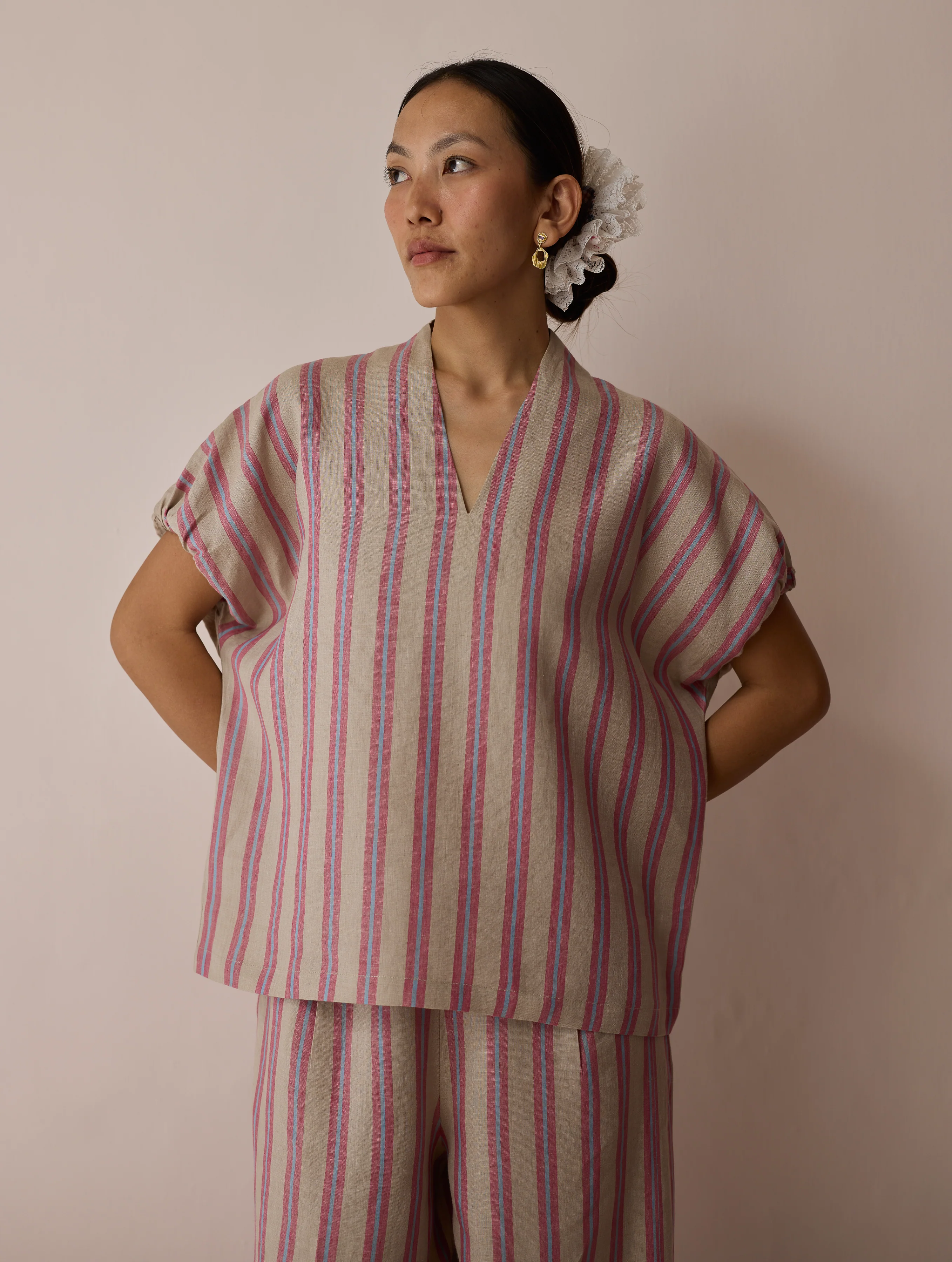 Anne V-Neck Stripe Linen Co-ord Set - Natural - Image 6