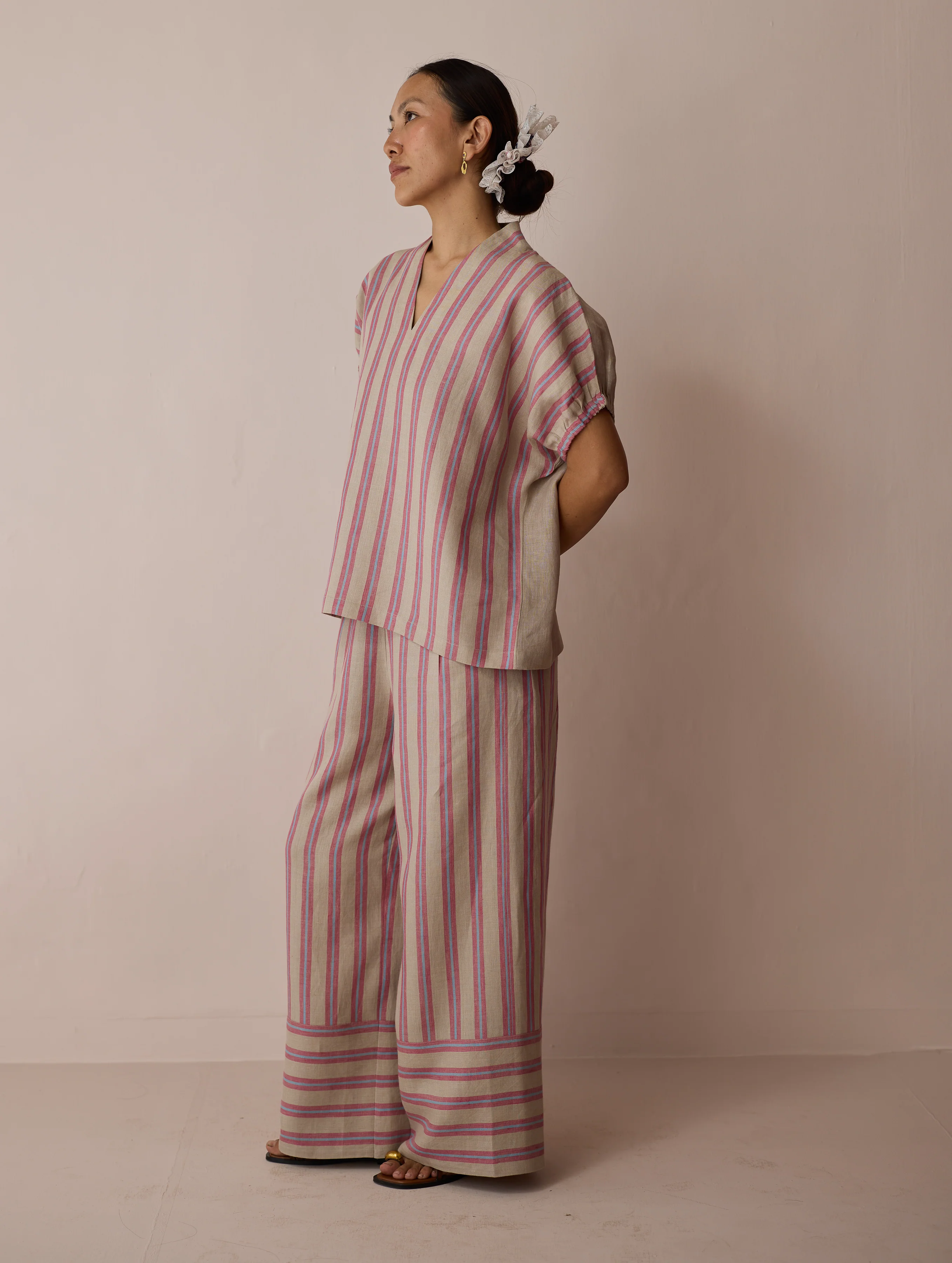 Anne V-Neck Stripe Linen Co-ord Set - Natural - Image 7