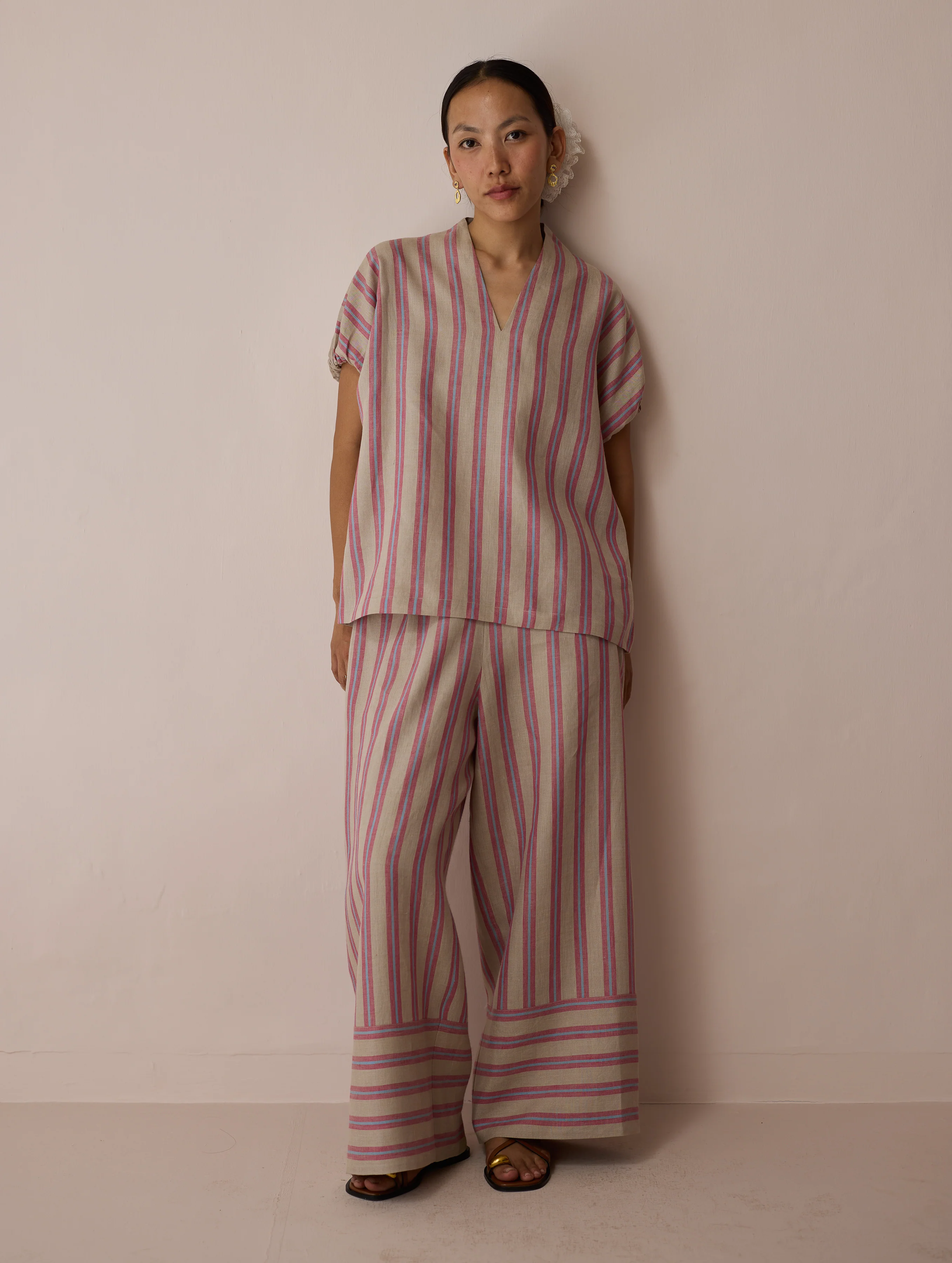 Anne V-Neck Stripe Linen Co-ord Set - Natural - Image 9