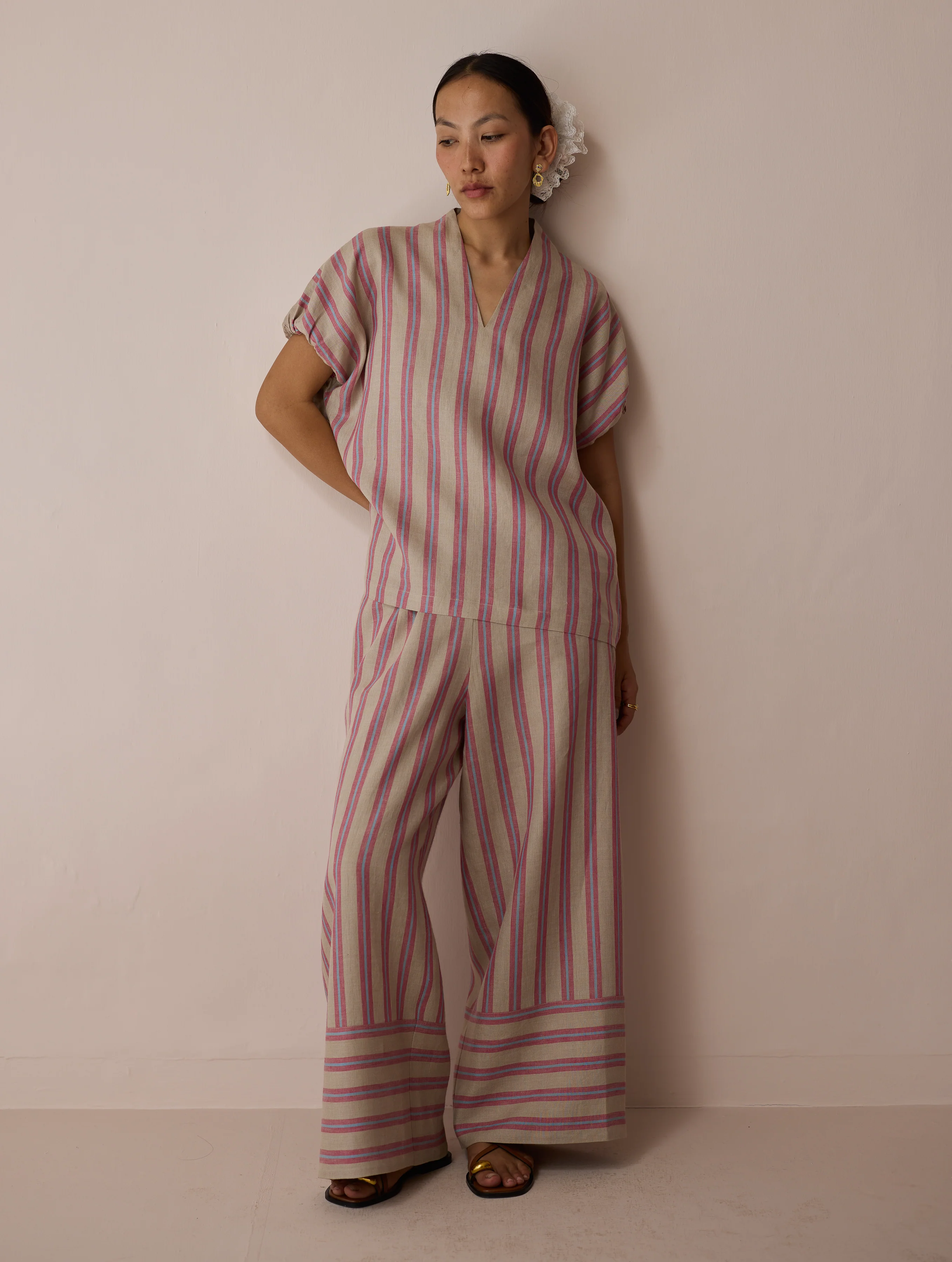 Anne V-Neck Stripe Linen Top - Natural - Image 3