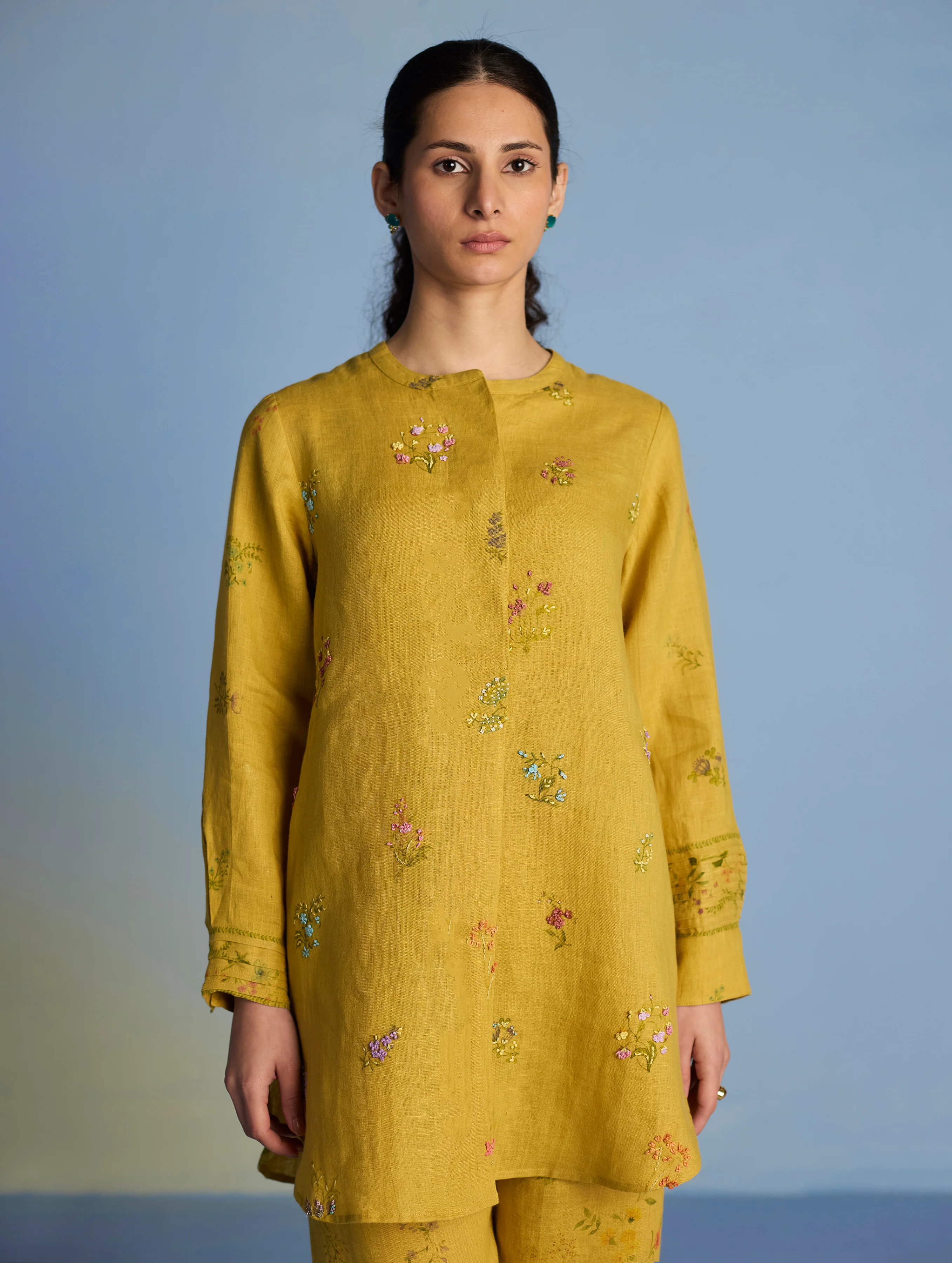 Anya Hand-Embroidered Floral Linen Co-ord Set - Ochre - Image 3