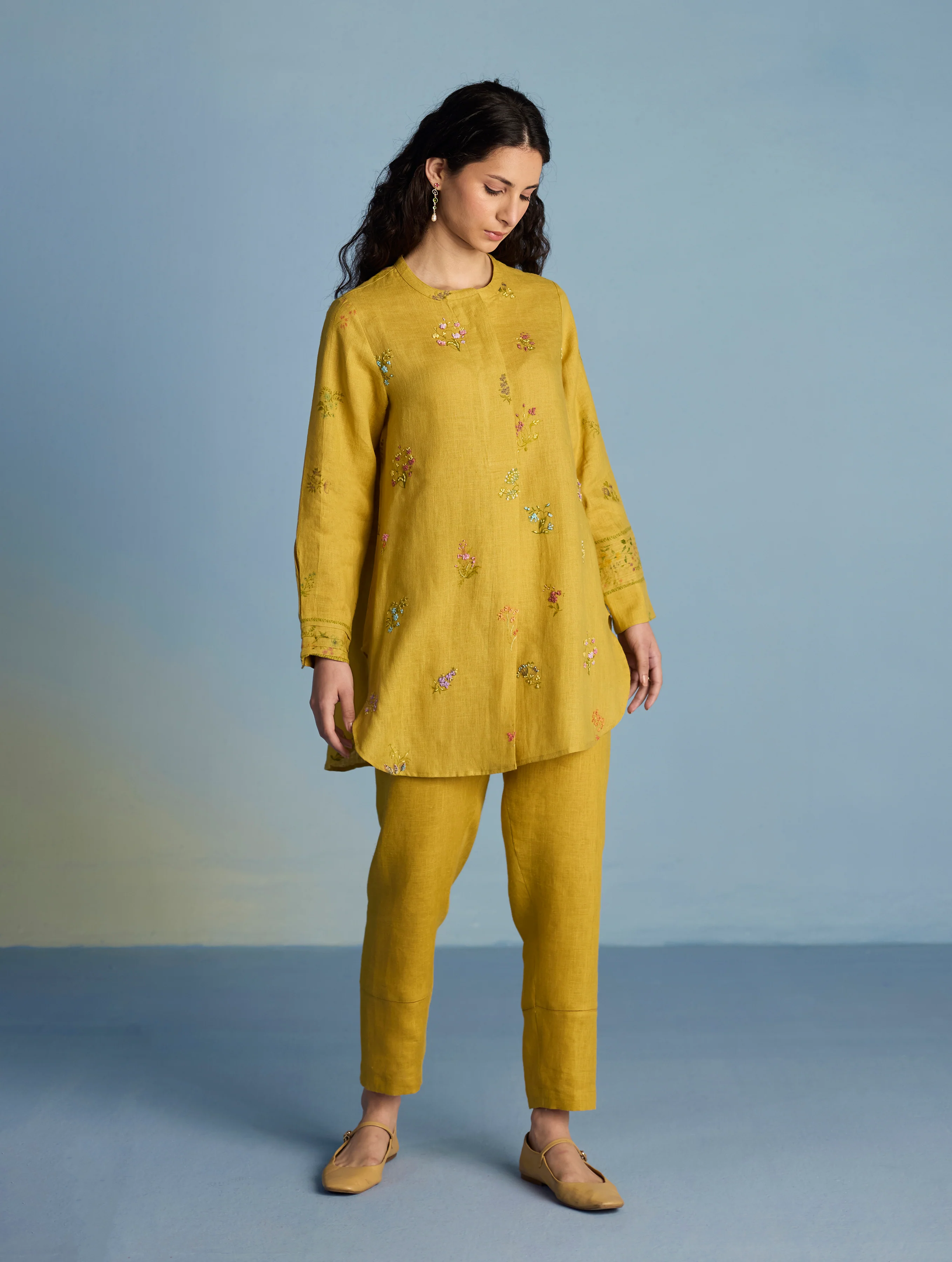 Anya Hand-Embroidered Floral Linen Co-ord Set - Ochre - Image 9