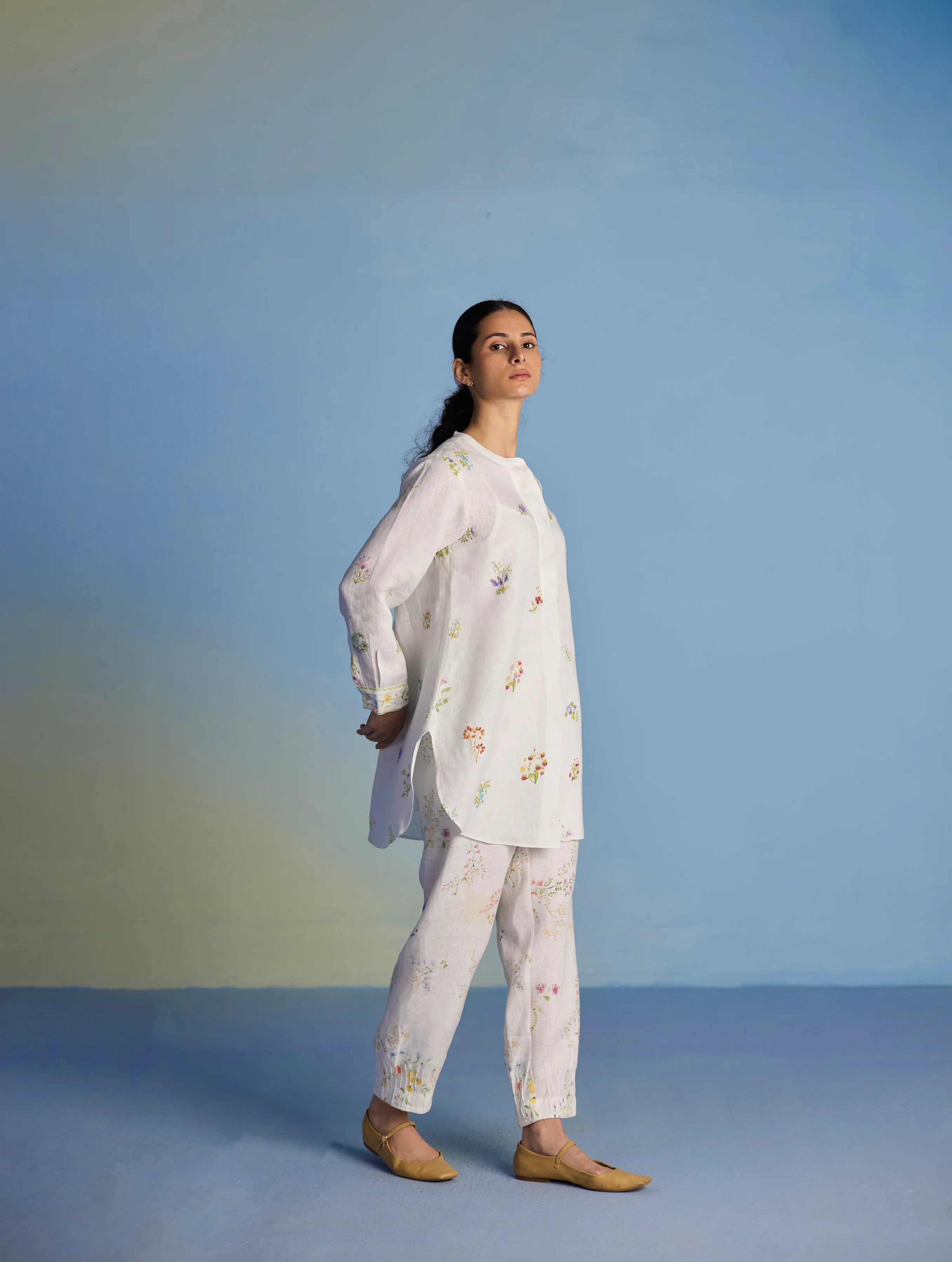 Anya Hand-Embroidered Floral Linen Co-ord Set - White - Image 8