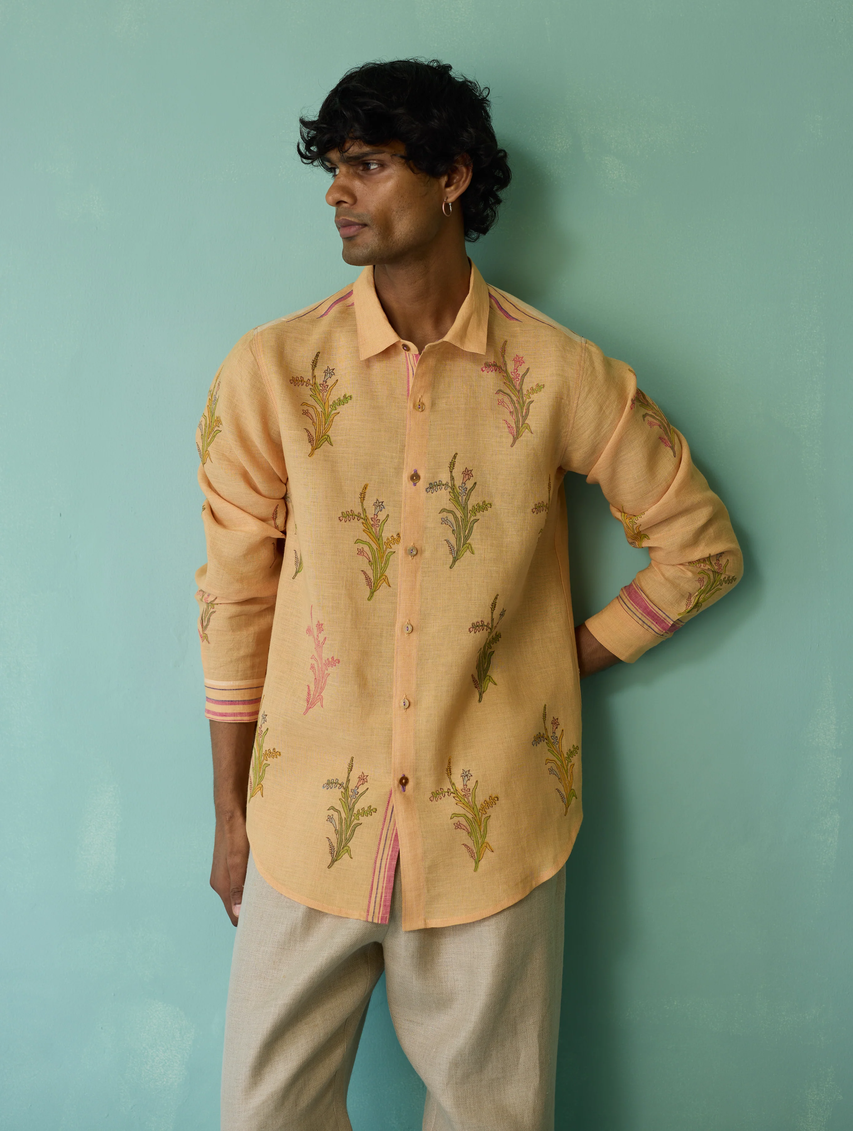 Arden Block-Printed Floral Shirt - Apricot