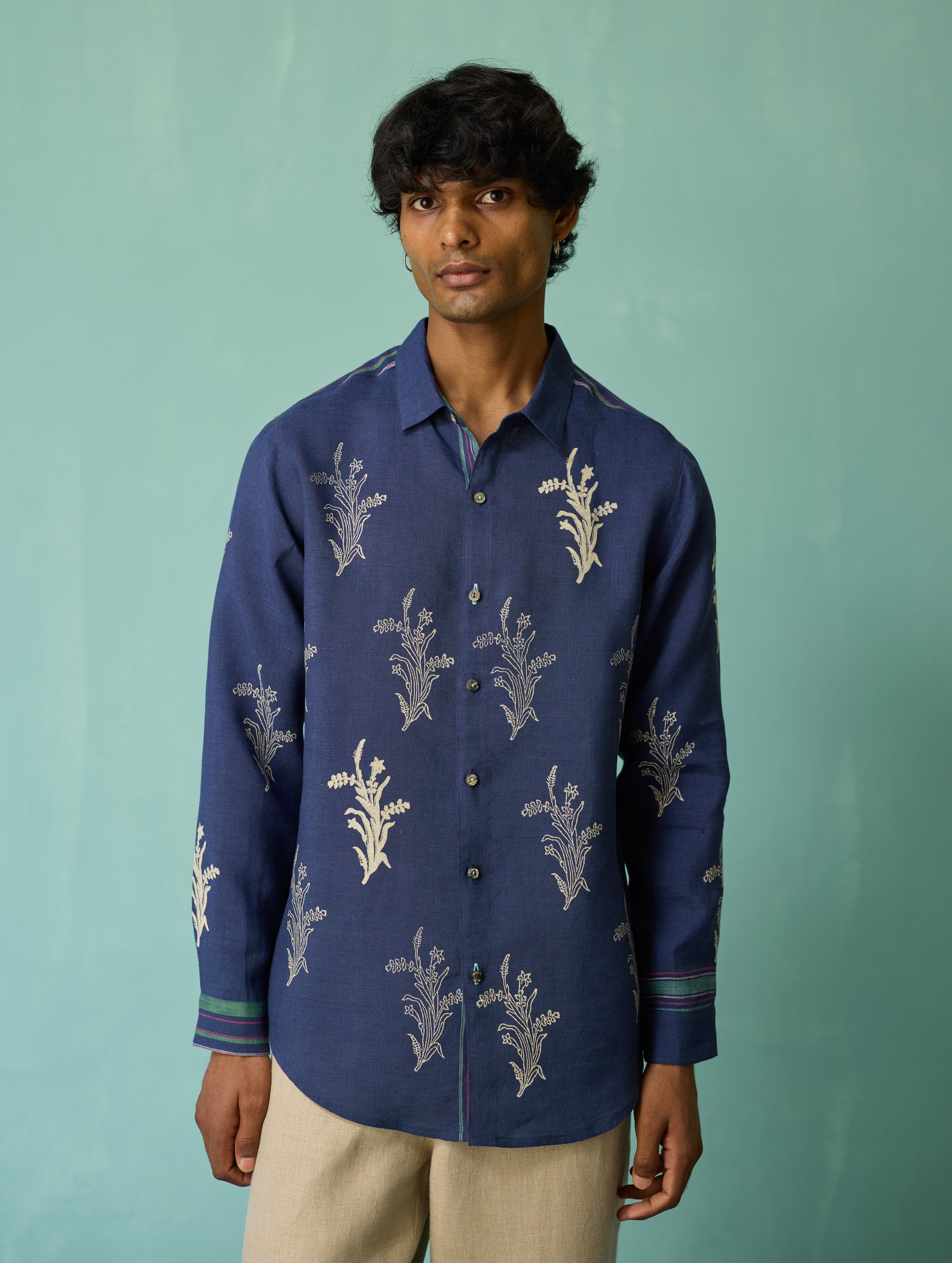Arden Block-Printed Floral Shirt - Indigo - Image 11