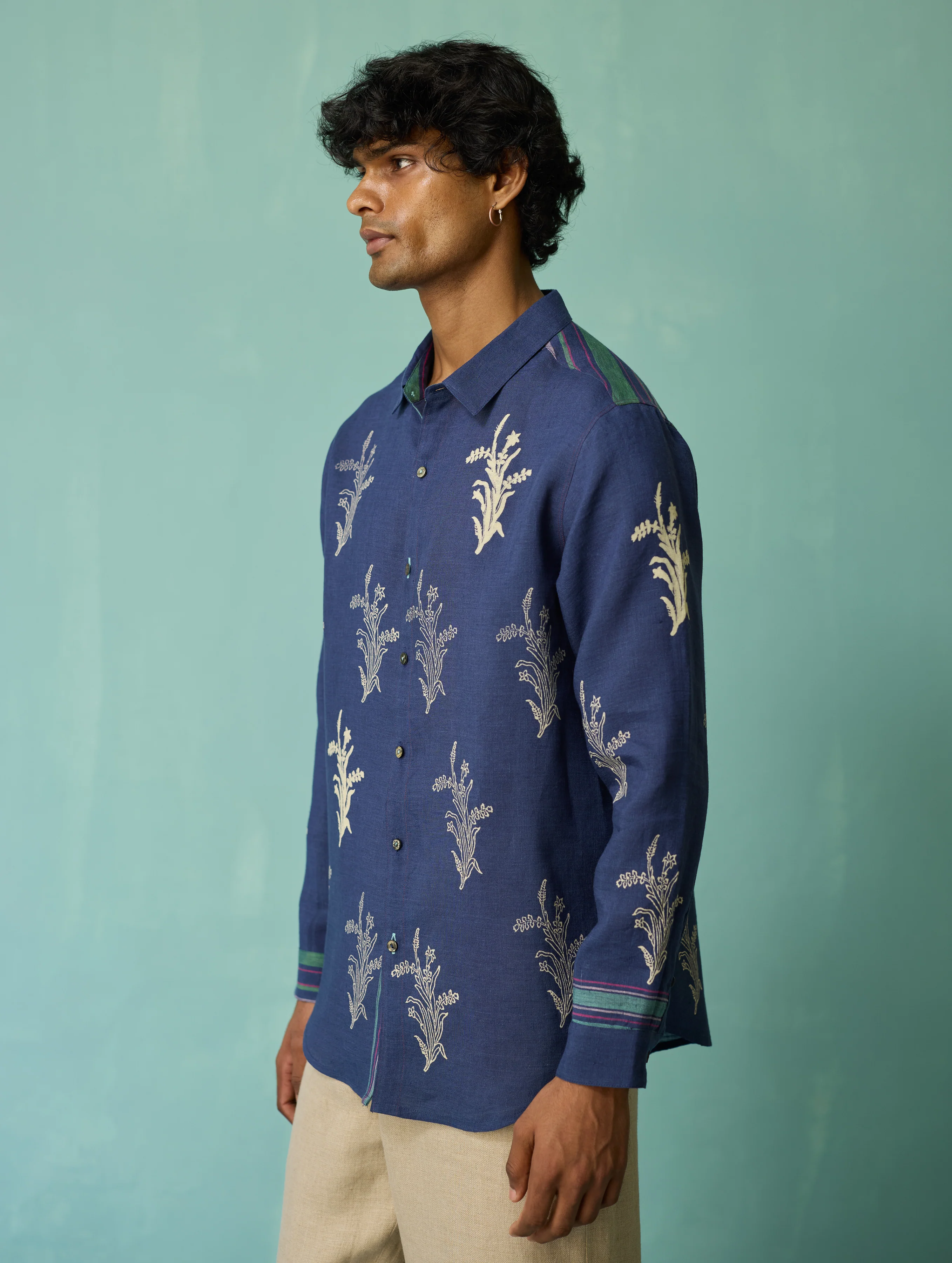 Arden Block-Printed Floral Shirt - Indigo - Image 13