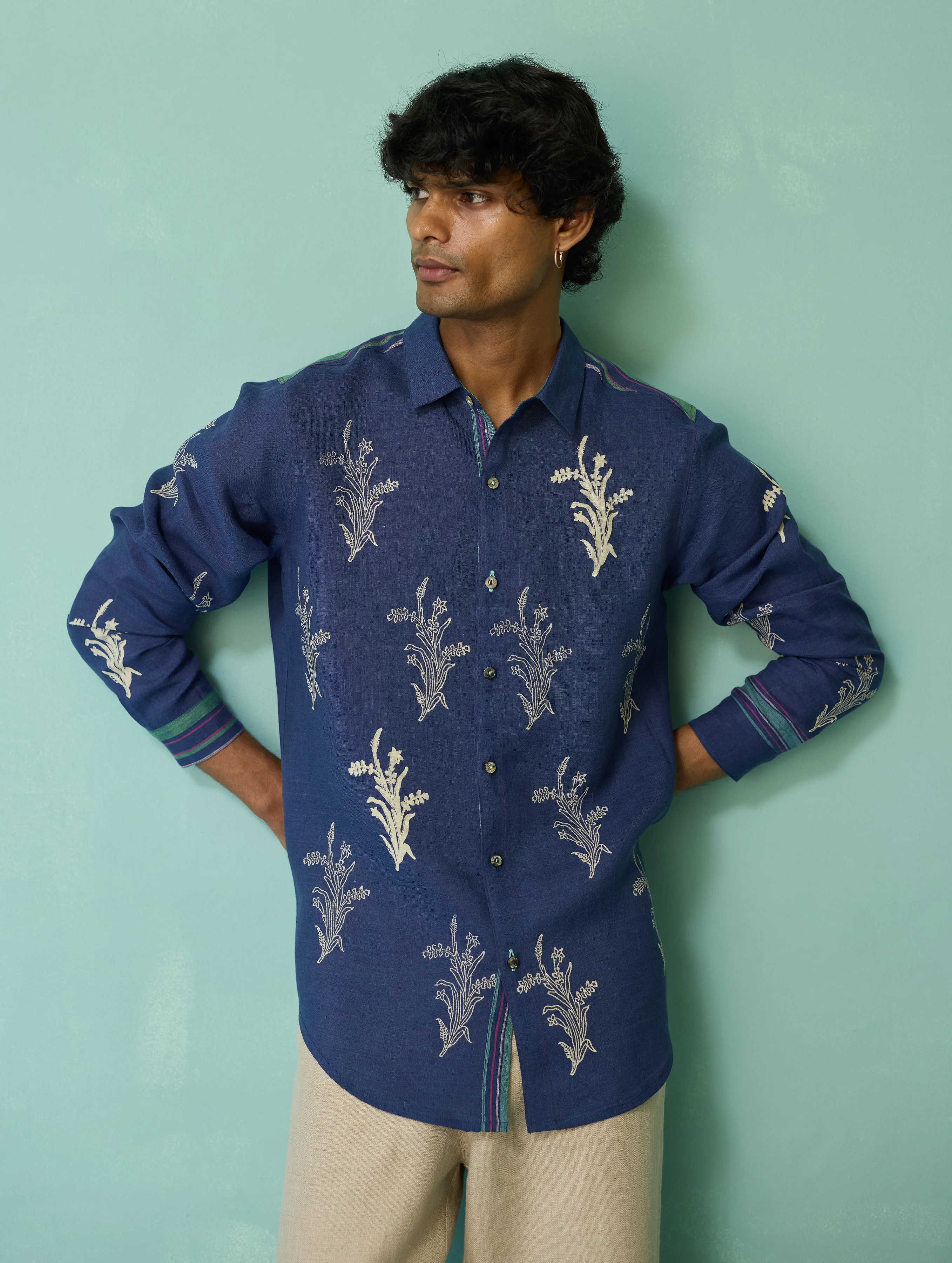 Arden Block-Printed Floral Shirt - Indigo - Image 3
