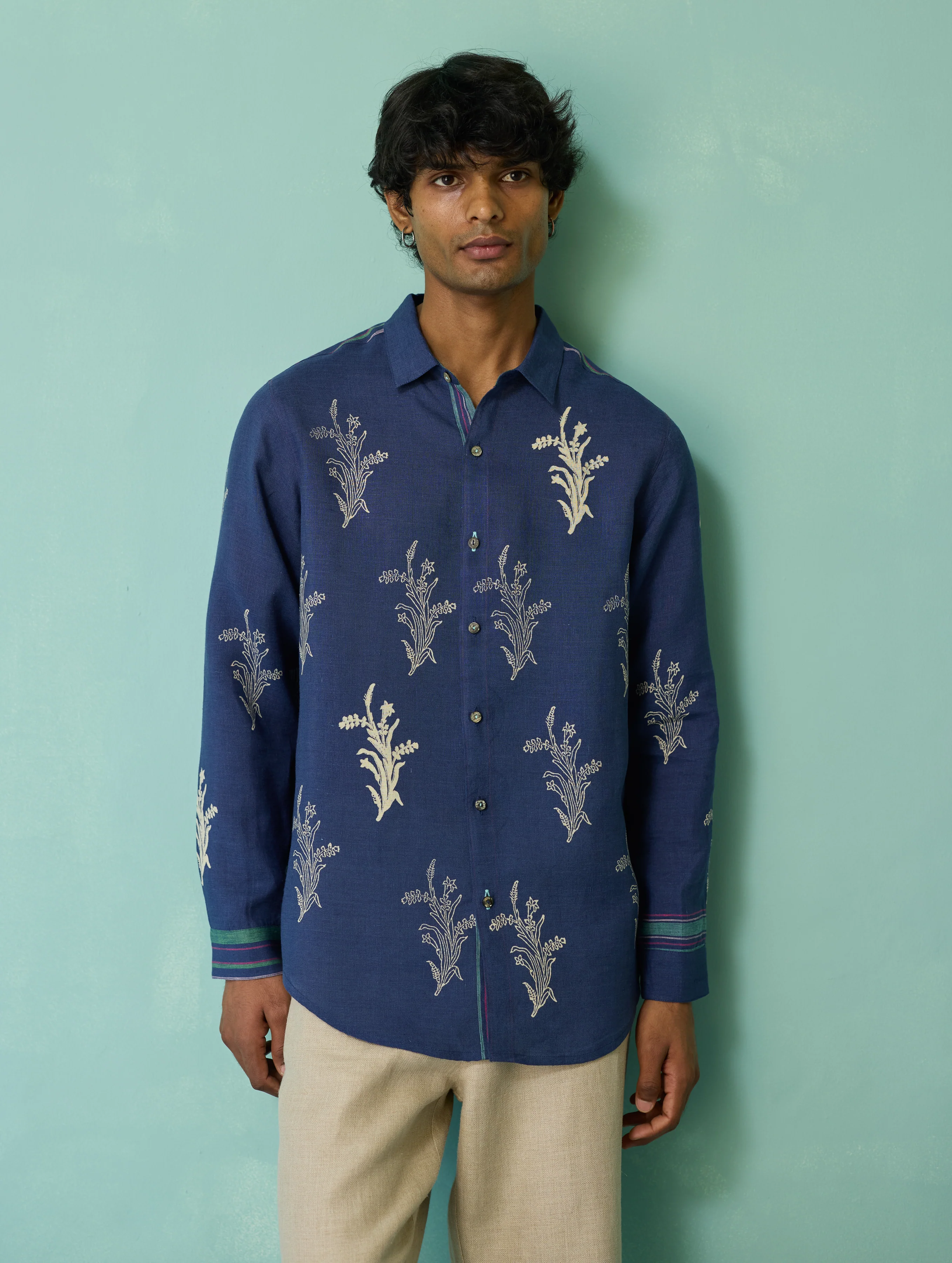 Arden Block-Printed Floral Shirt - Indigo - Image 4