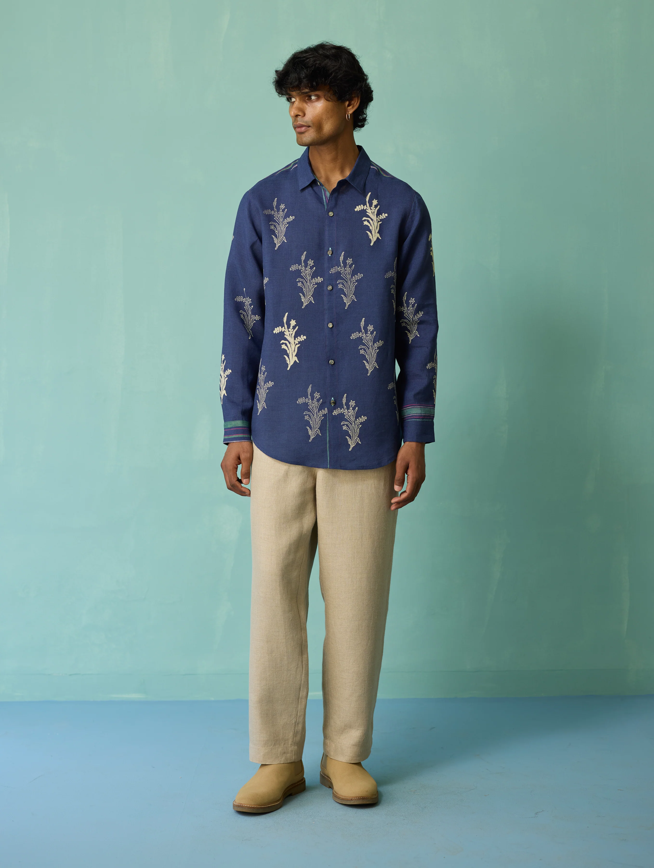 Arden Block-Printed Floral Shirt - Indigo - Image 7