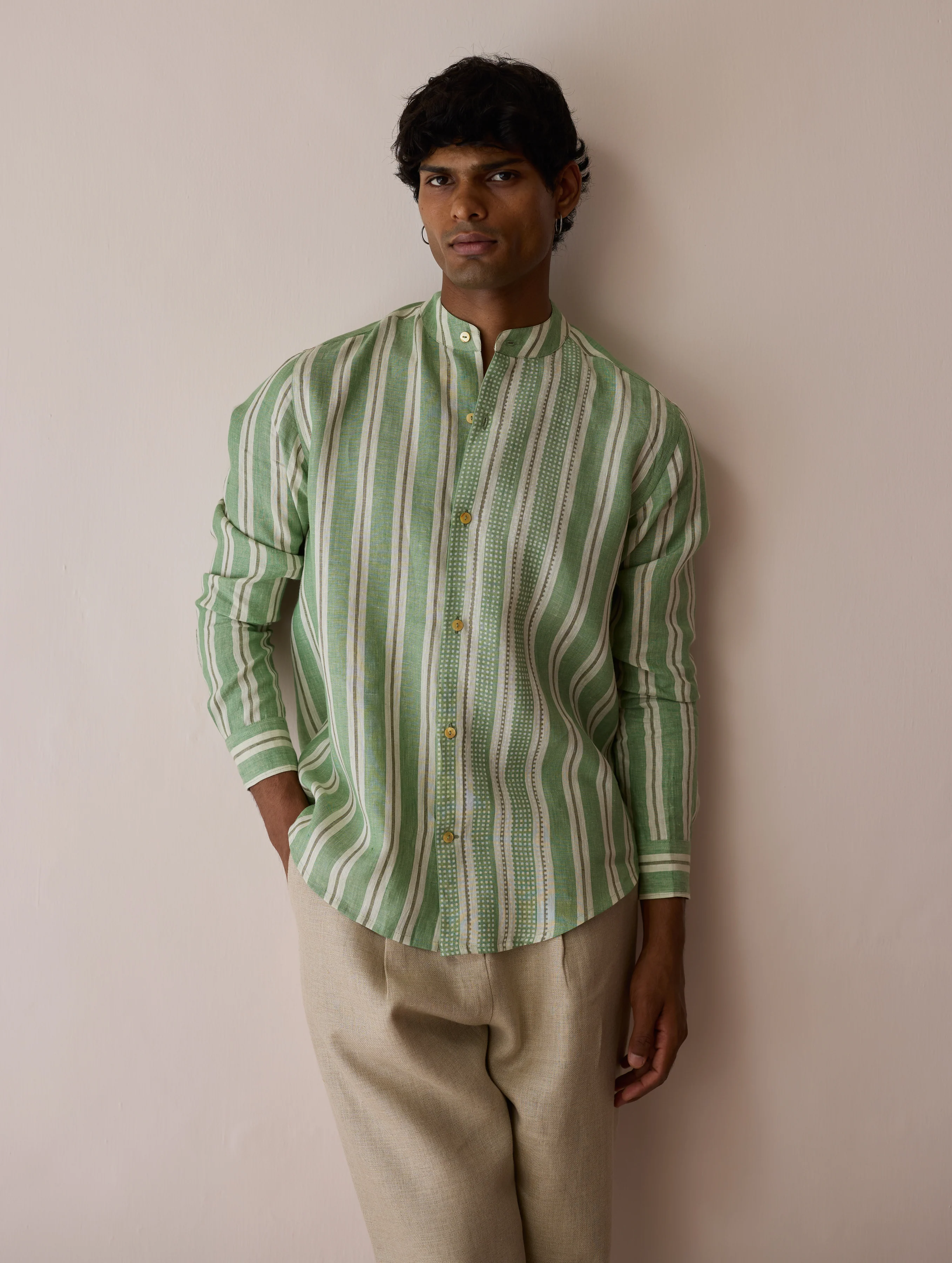 Ari Stripe Linen Block-Printed Shirt - Fern - Image 3