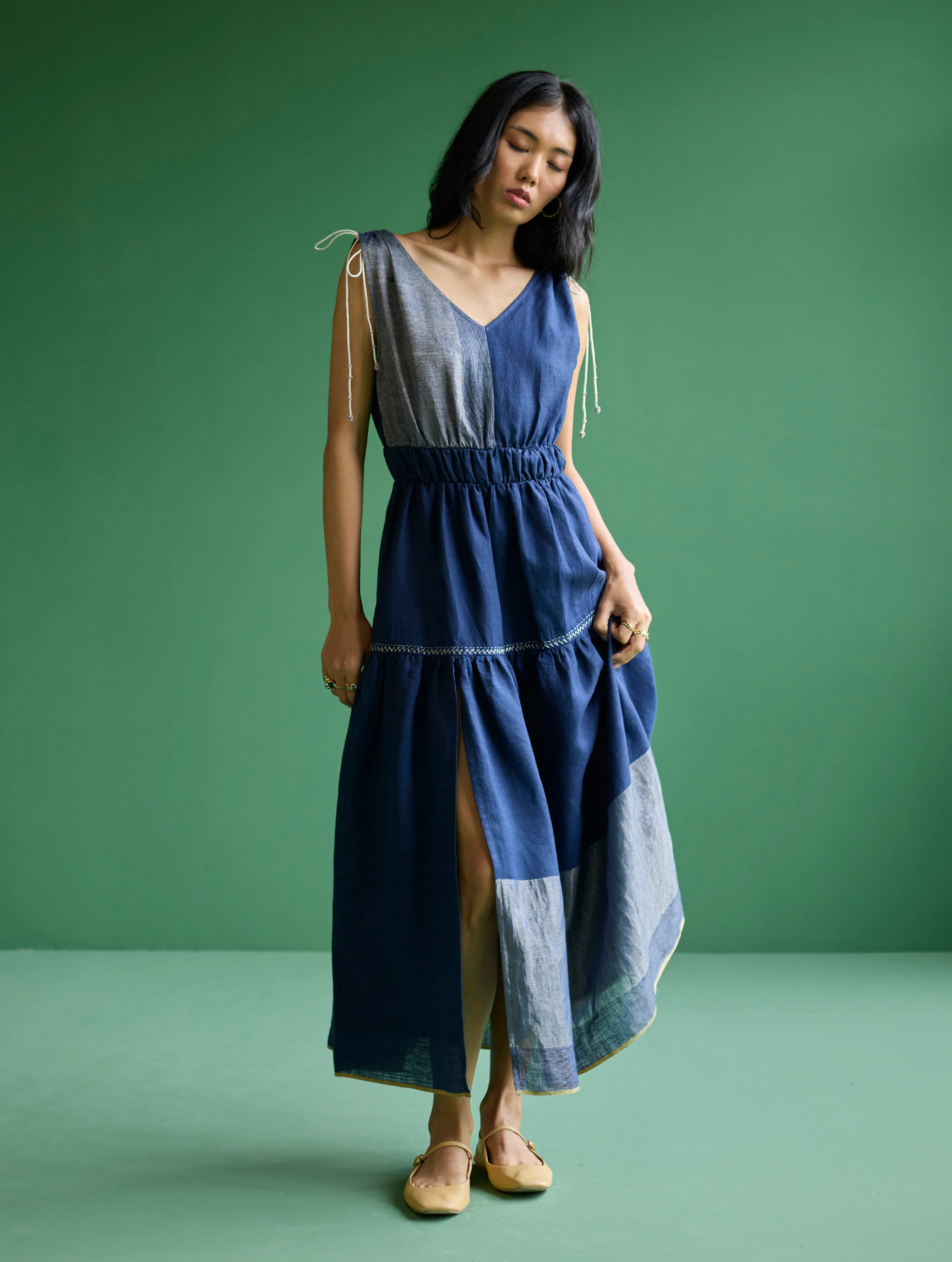 Aria Metallic Linen Dress - Navy - Image 2