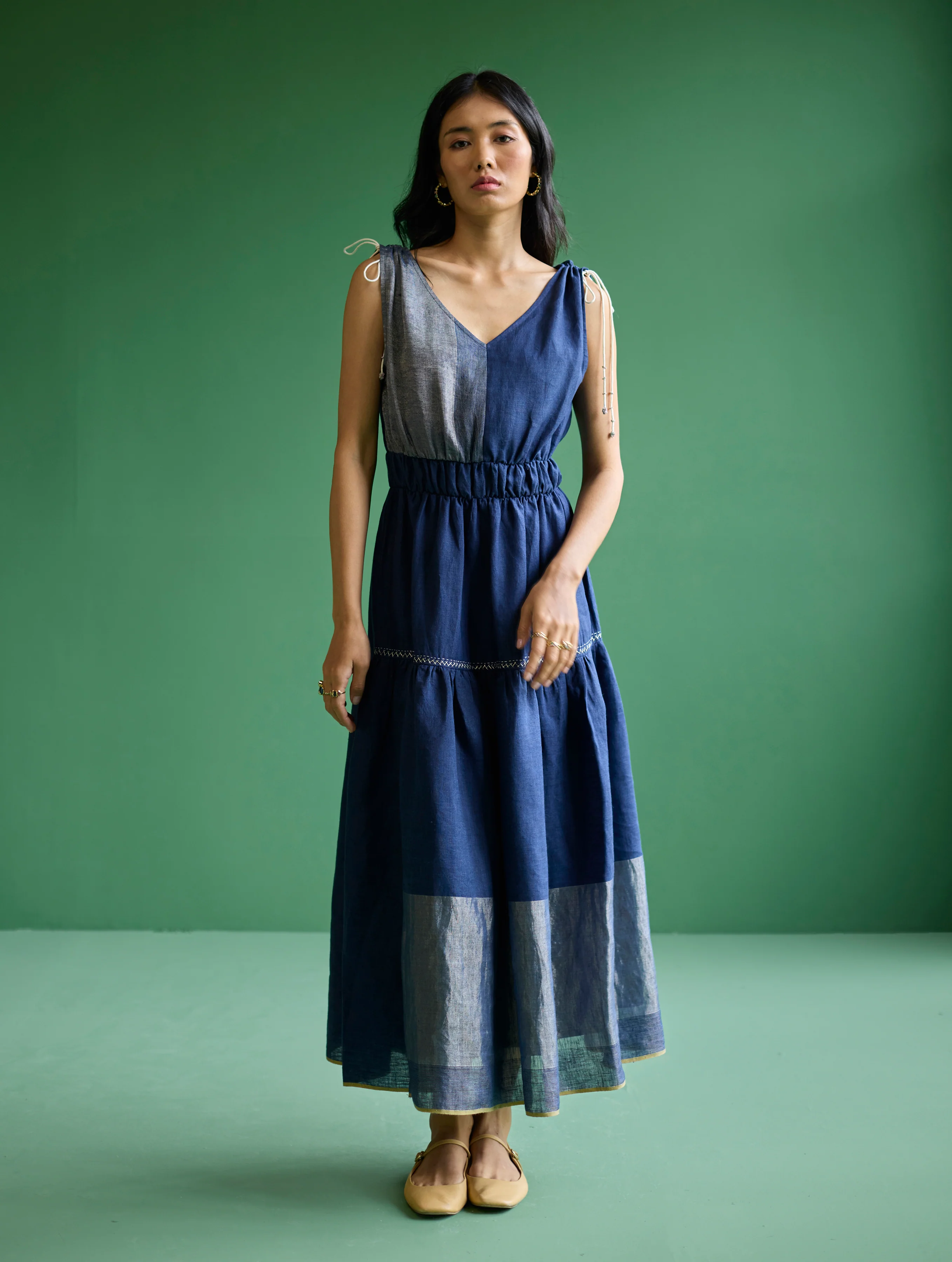 Aria Metallic Linen Dress - Navy - Image 3