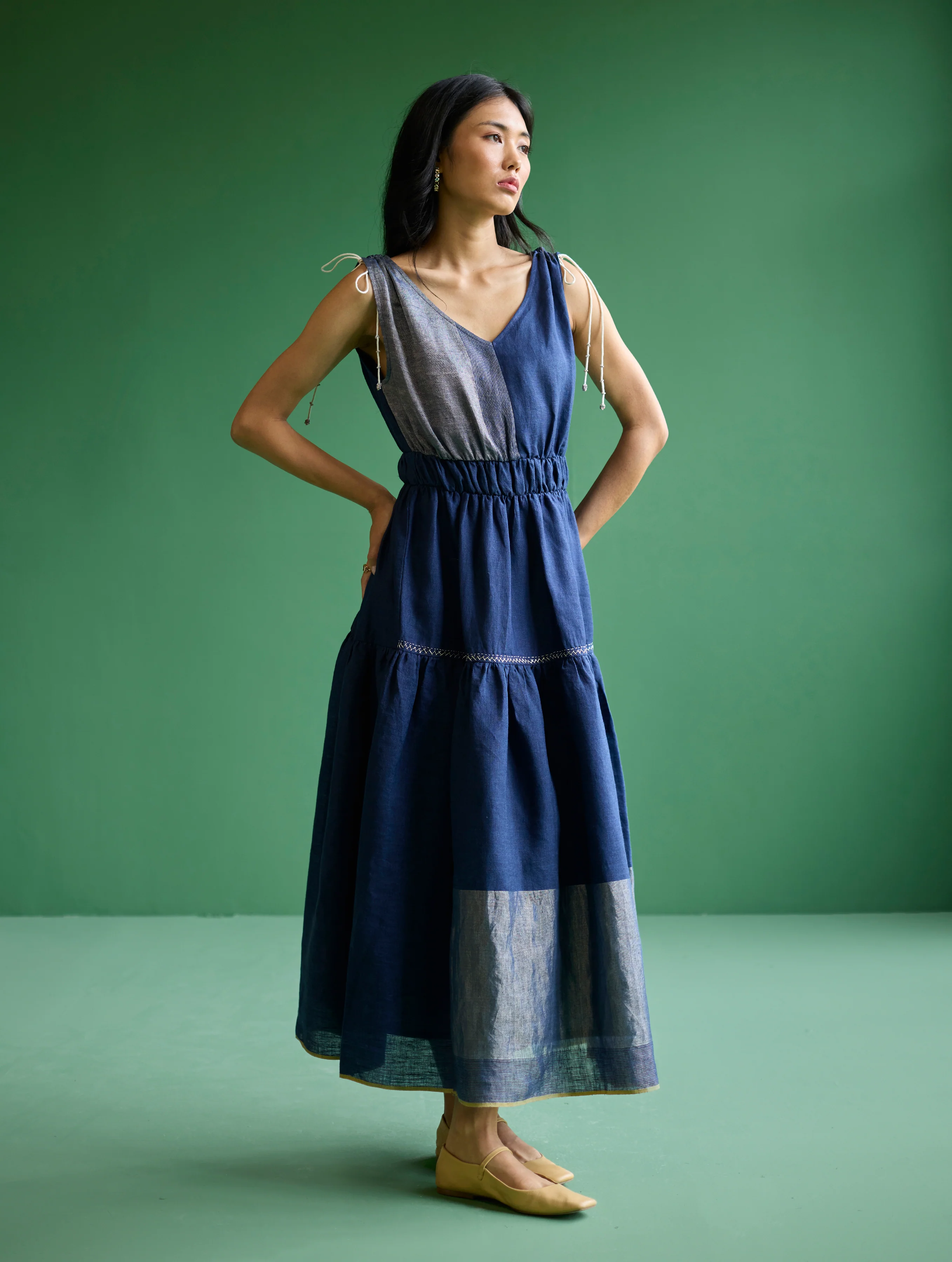 Aria Metallic Linen Dress - Navy - Image 5