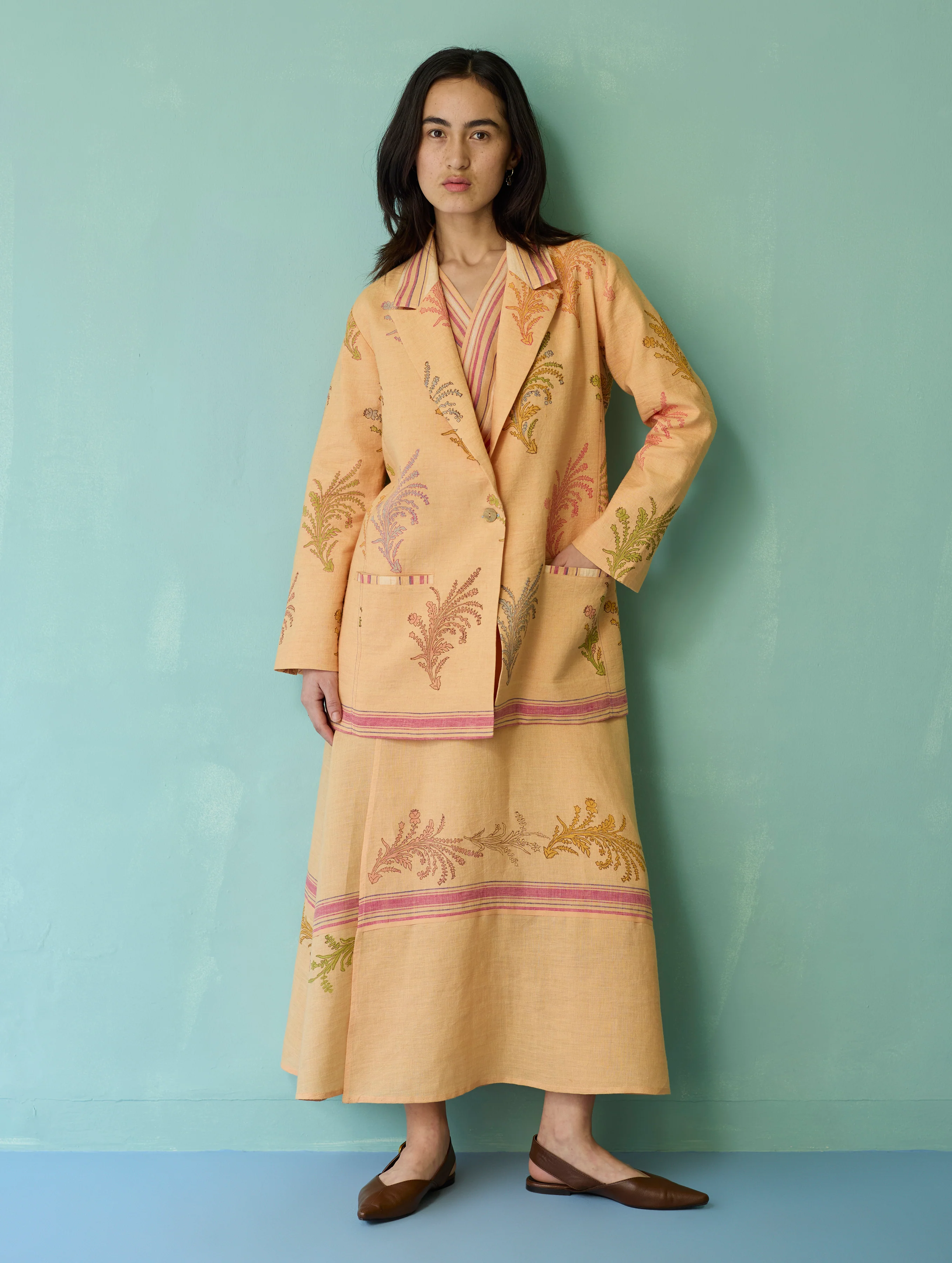 Arya Block Printed Floral Blazer - Apricot - Image 10