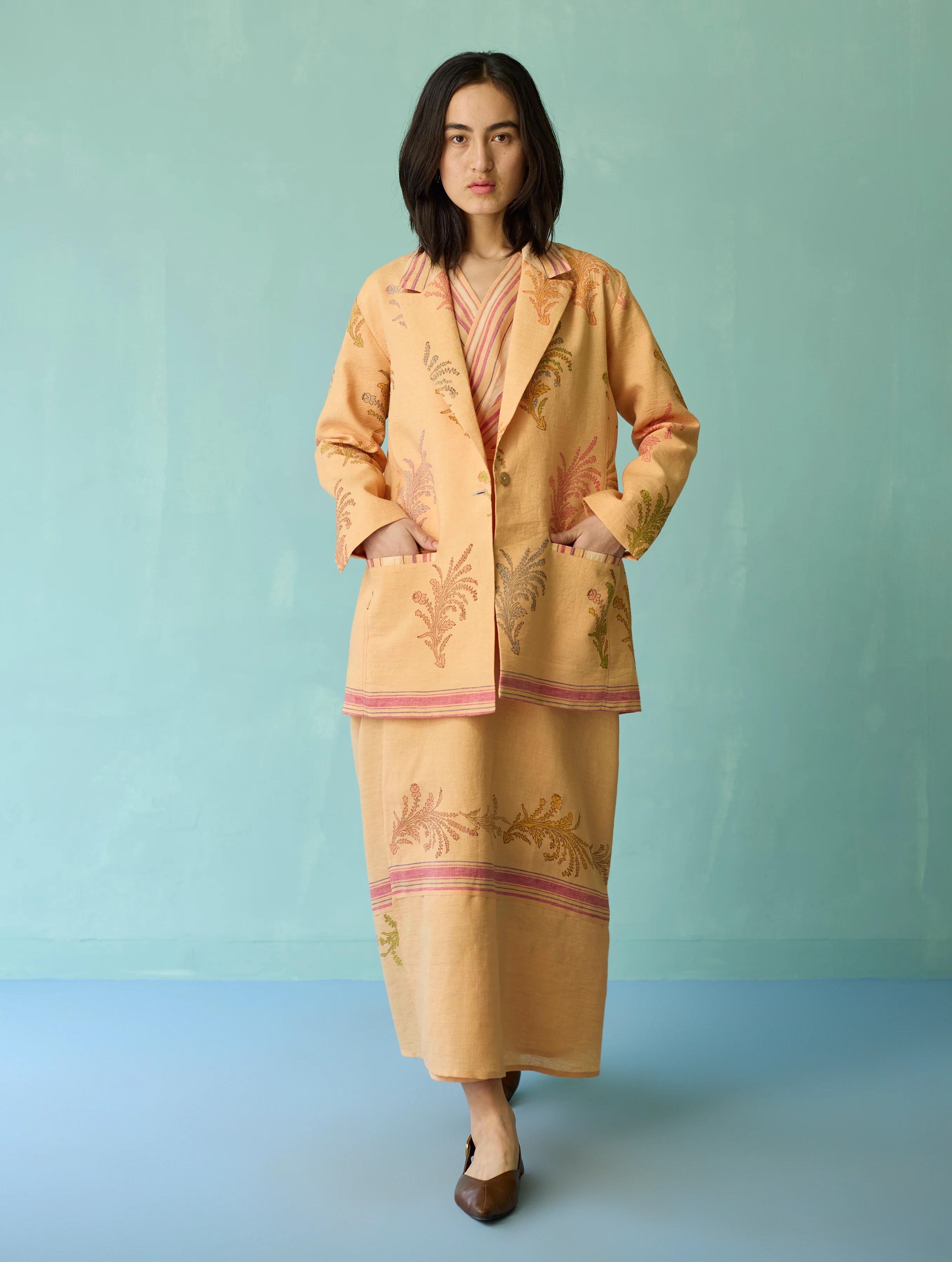 Arya Block Printed Floral Blazer - Apricot - Image 4