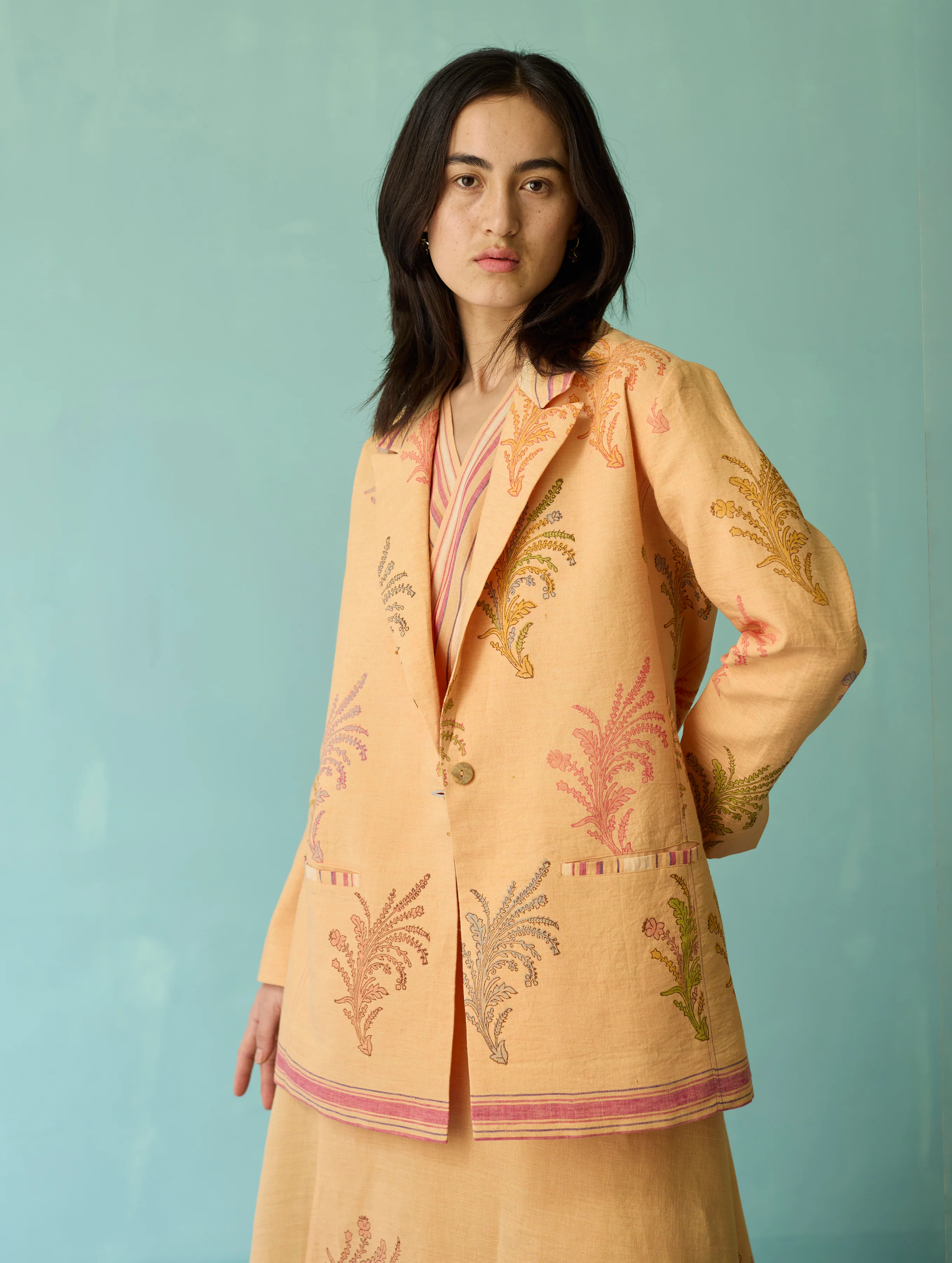 Arya Block Printed Floral Blazer - Apricot - Image 6