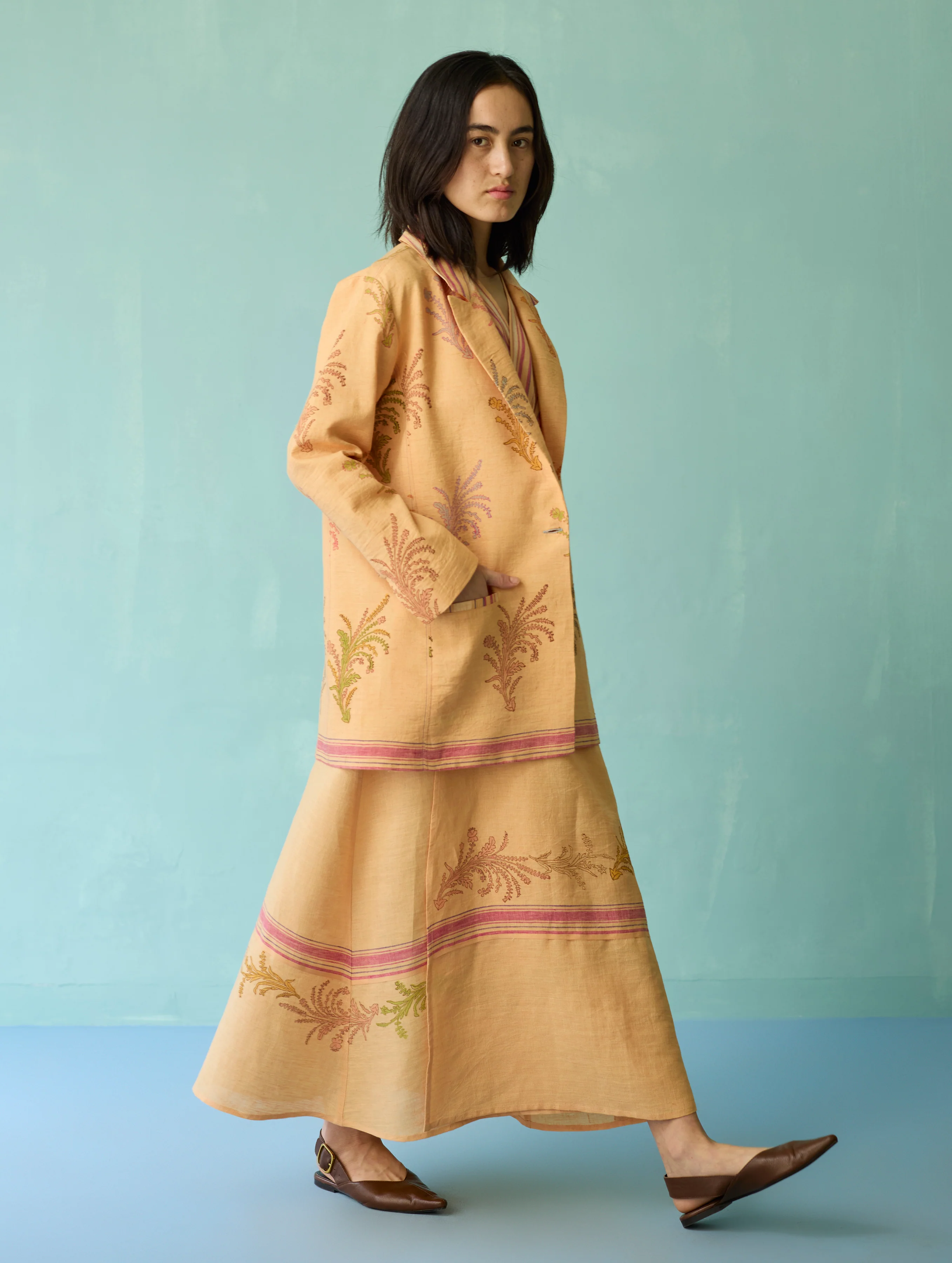 Arya Block Printed Floral Blazer - Apricot - Image 8