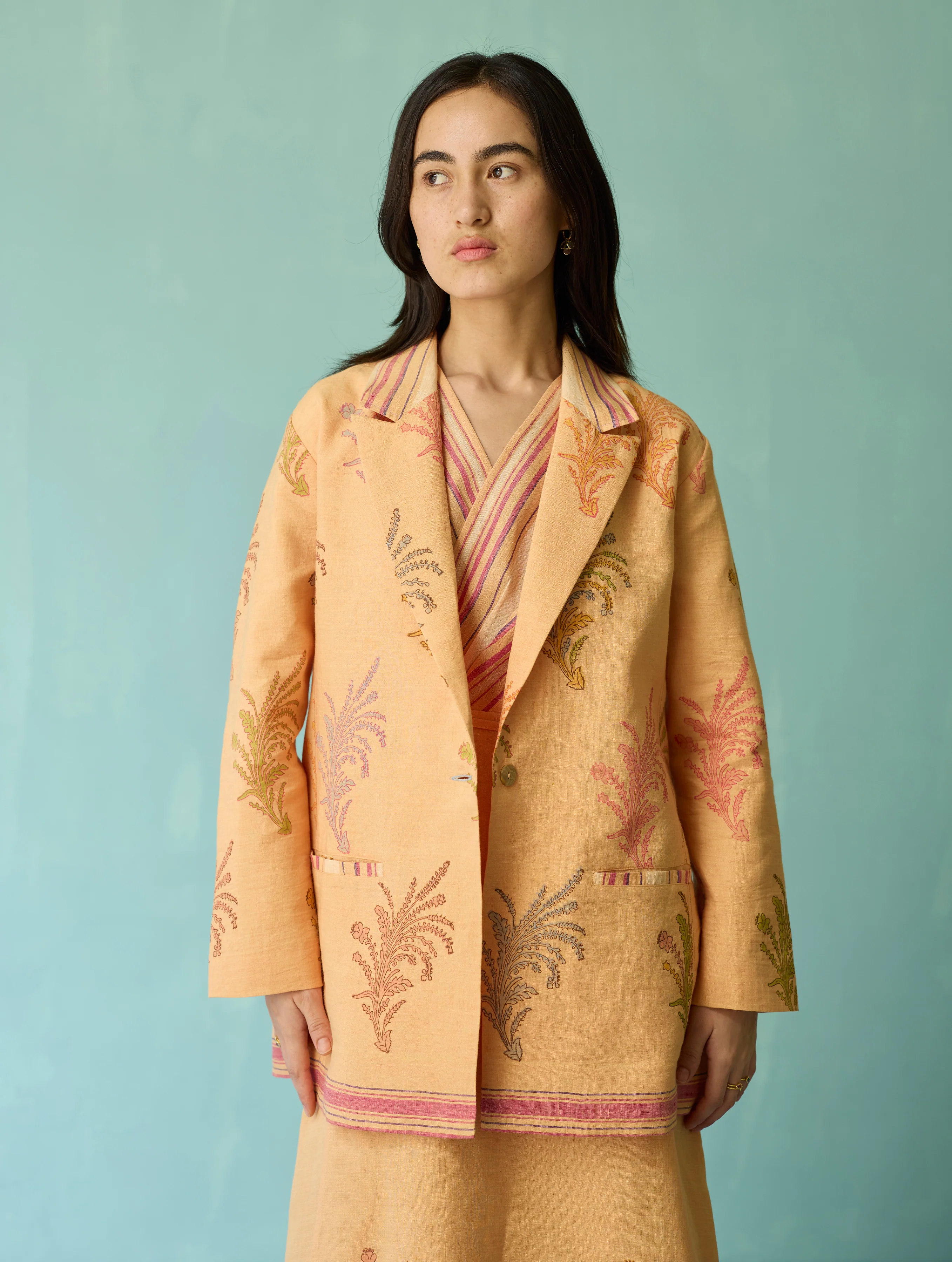 Arya Block Printed Floral Blazer - Apricot - Image 9