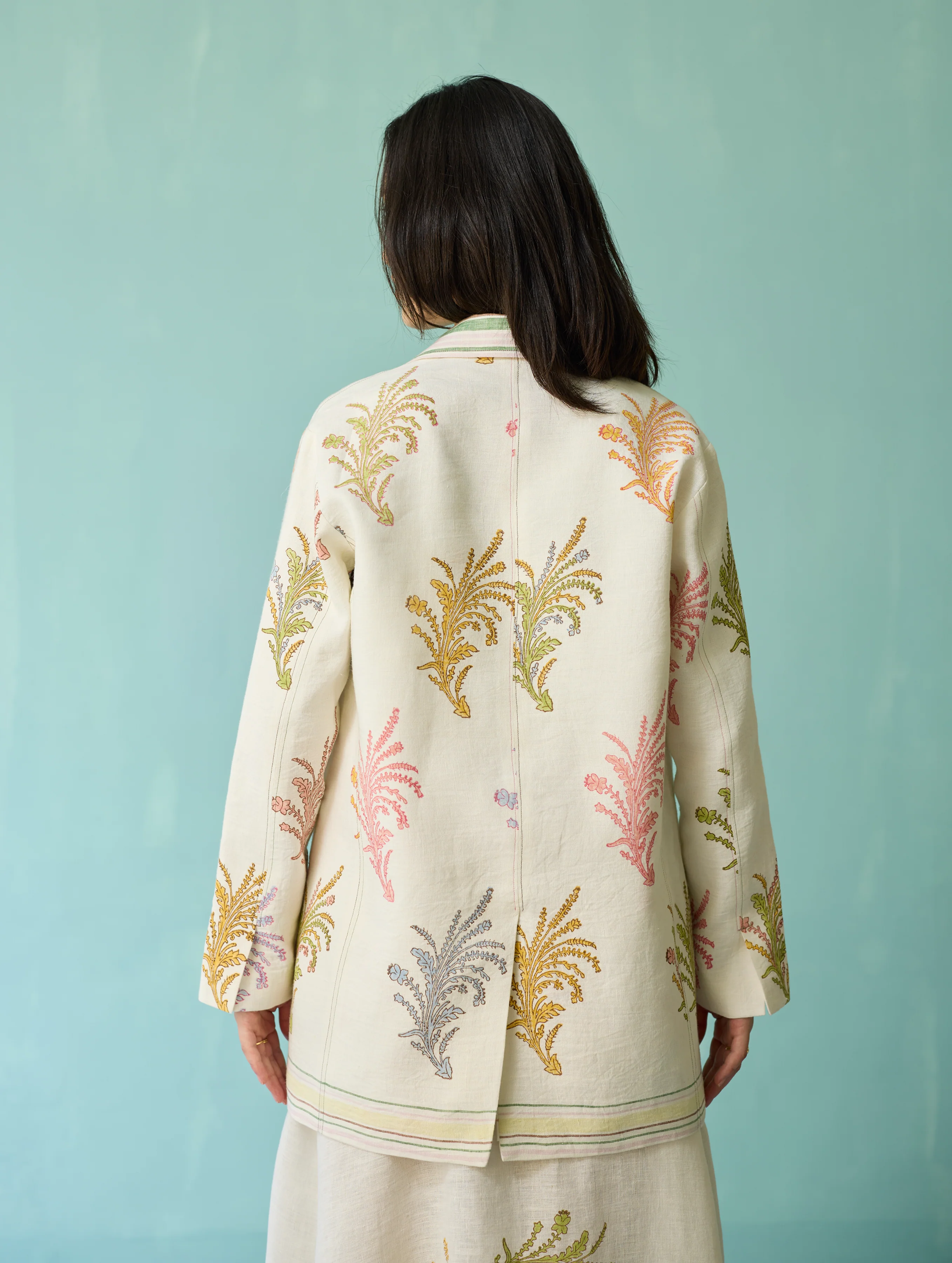 Arya Block Printed Floral Blazer - Ivory - Image 11