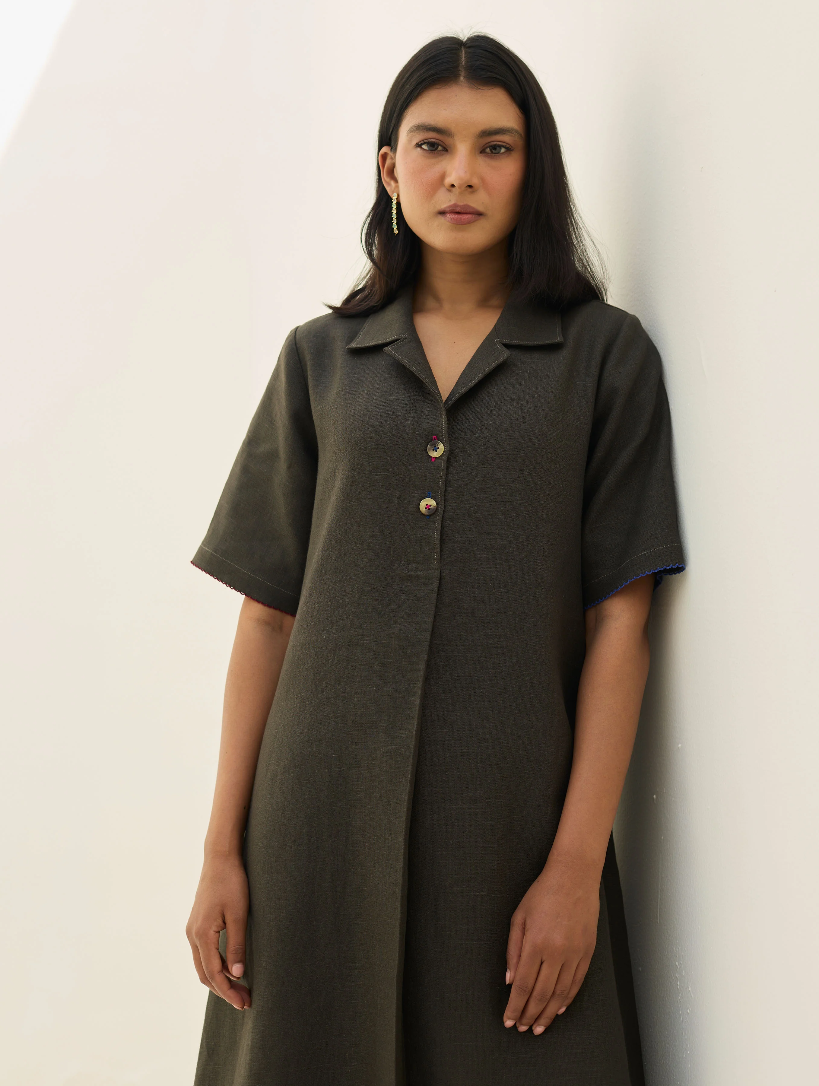 Aster Thick Linen Dress - Olive Charcoal - Image 3