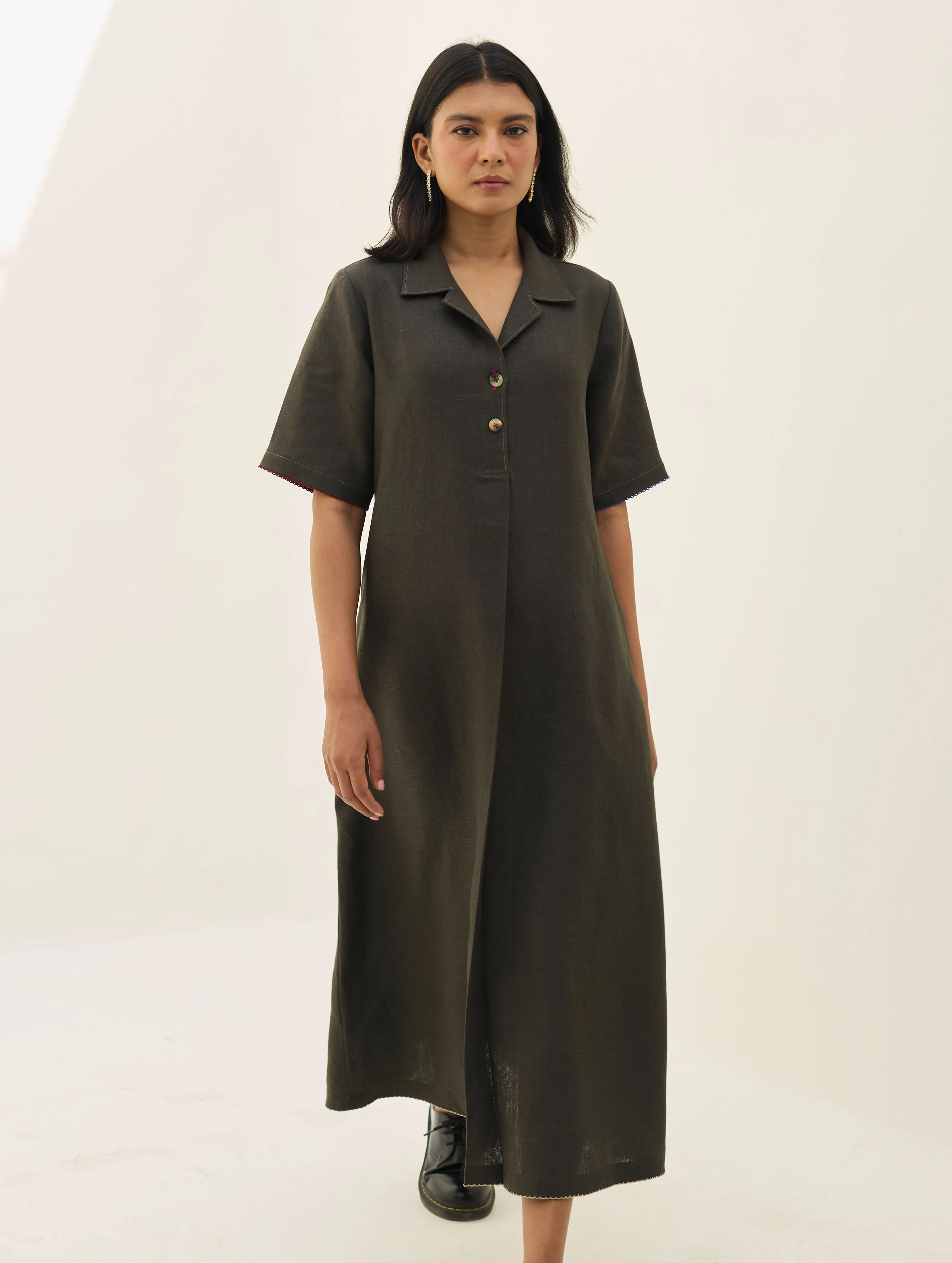 Aster Thick Linen Dress - Olive Charcoal - Image 4