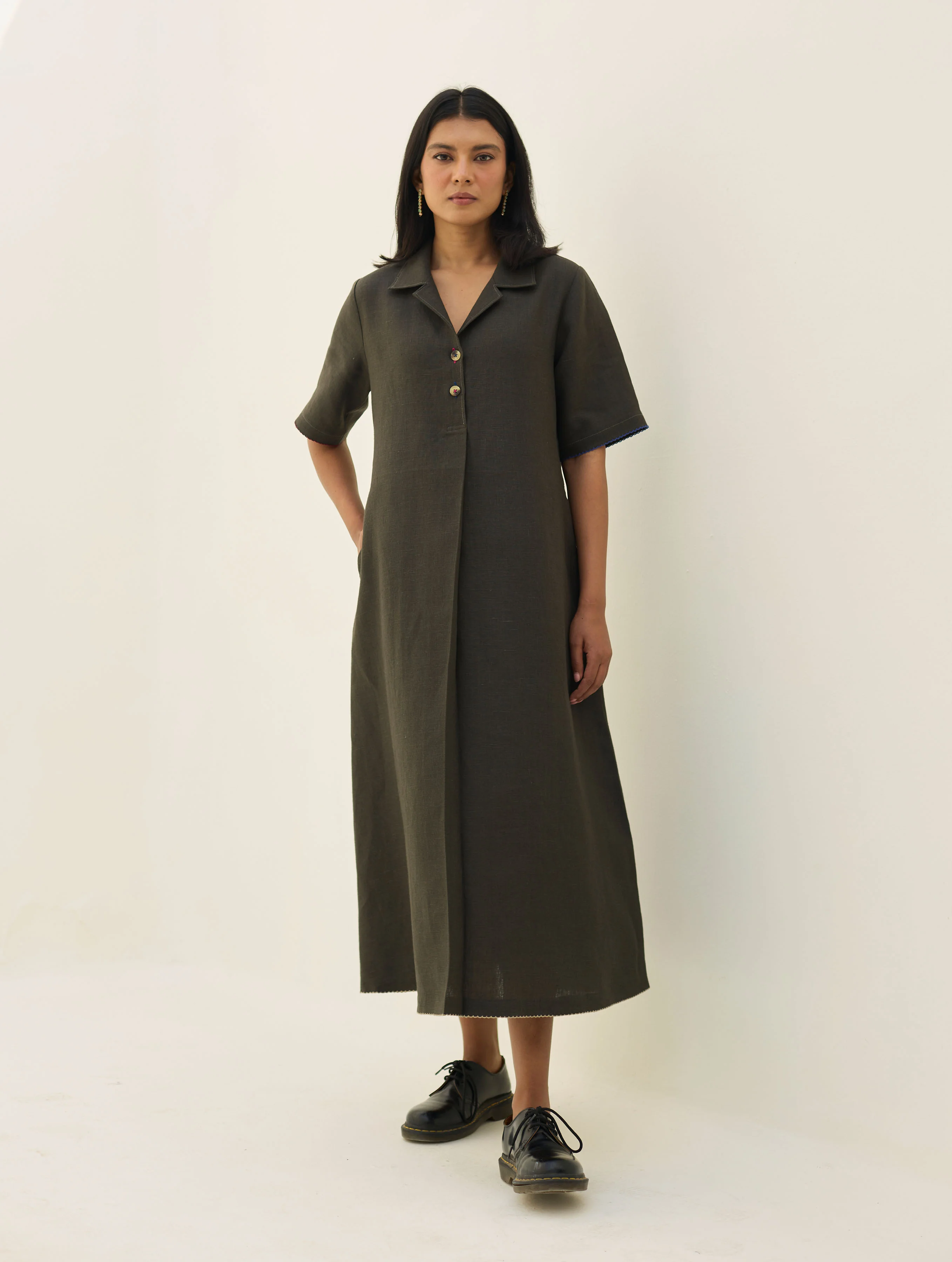 Aster Thick Linen Dress - Olive Charcoal - Image 5