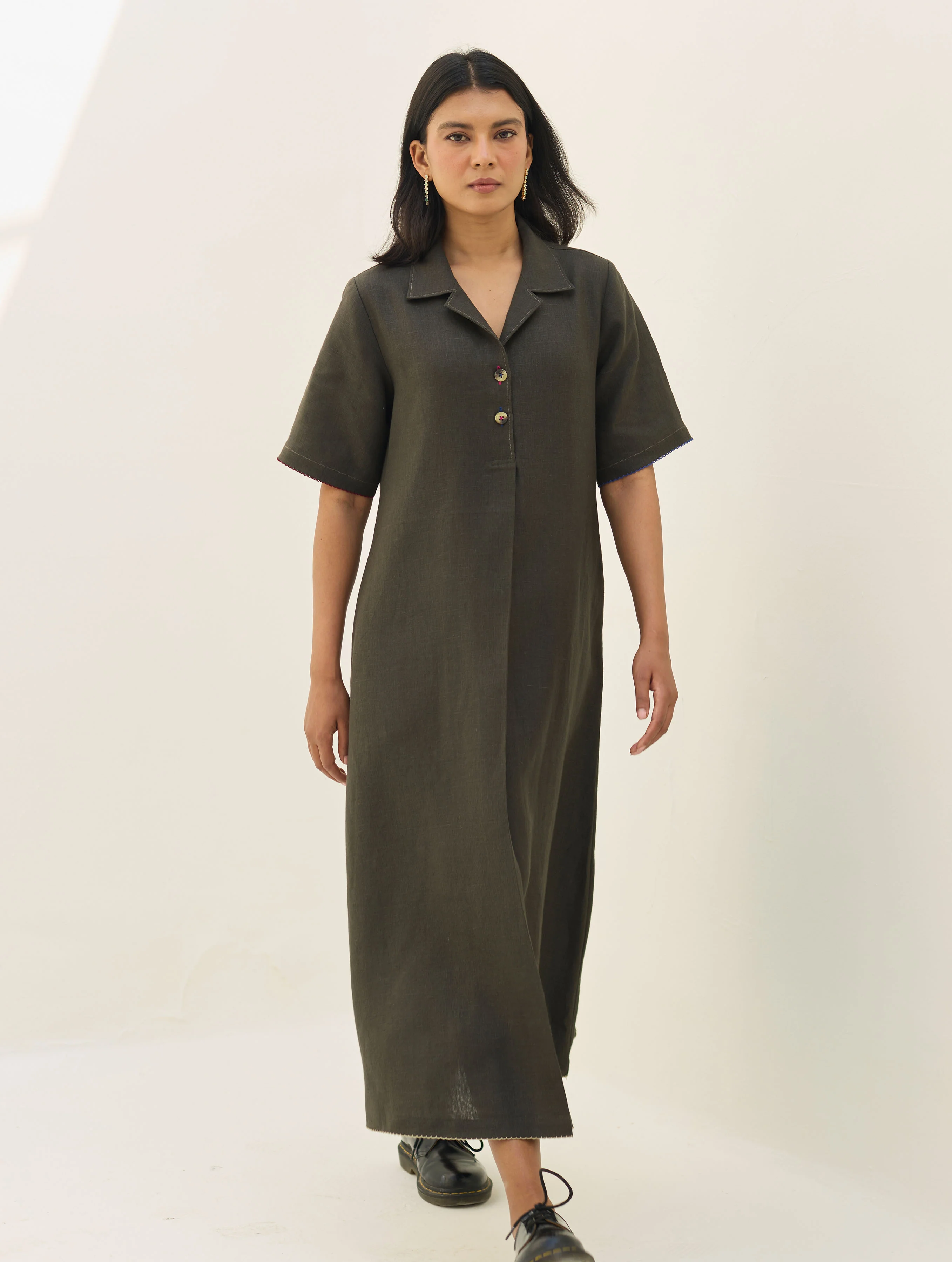 Aster Thick Linen Dress - Olive Charcoal - Image 7