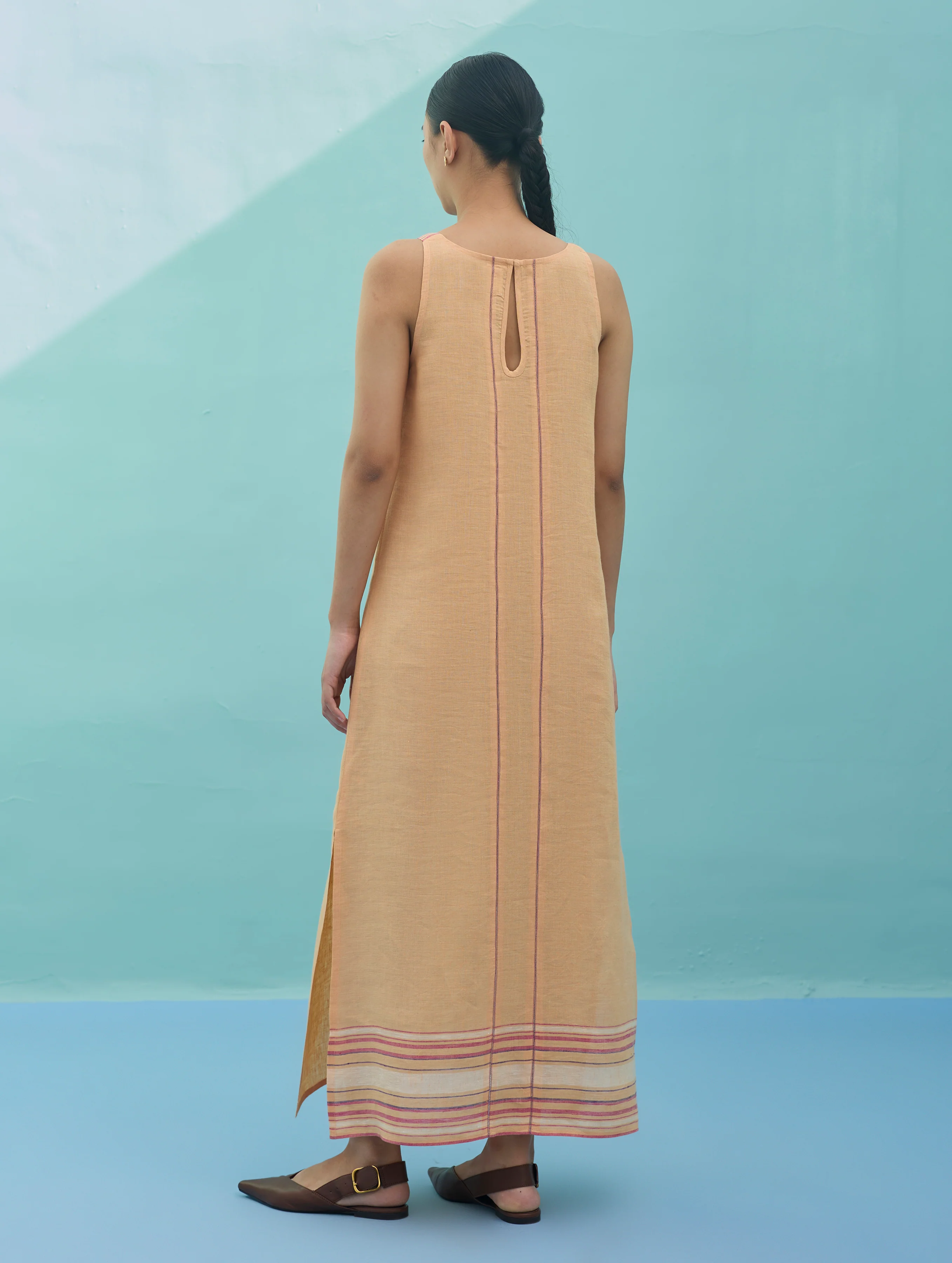 Beli Sleeveless Border Linen Dress - Apricot - Image 4