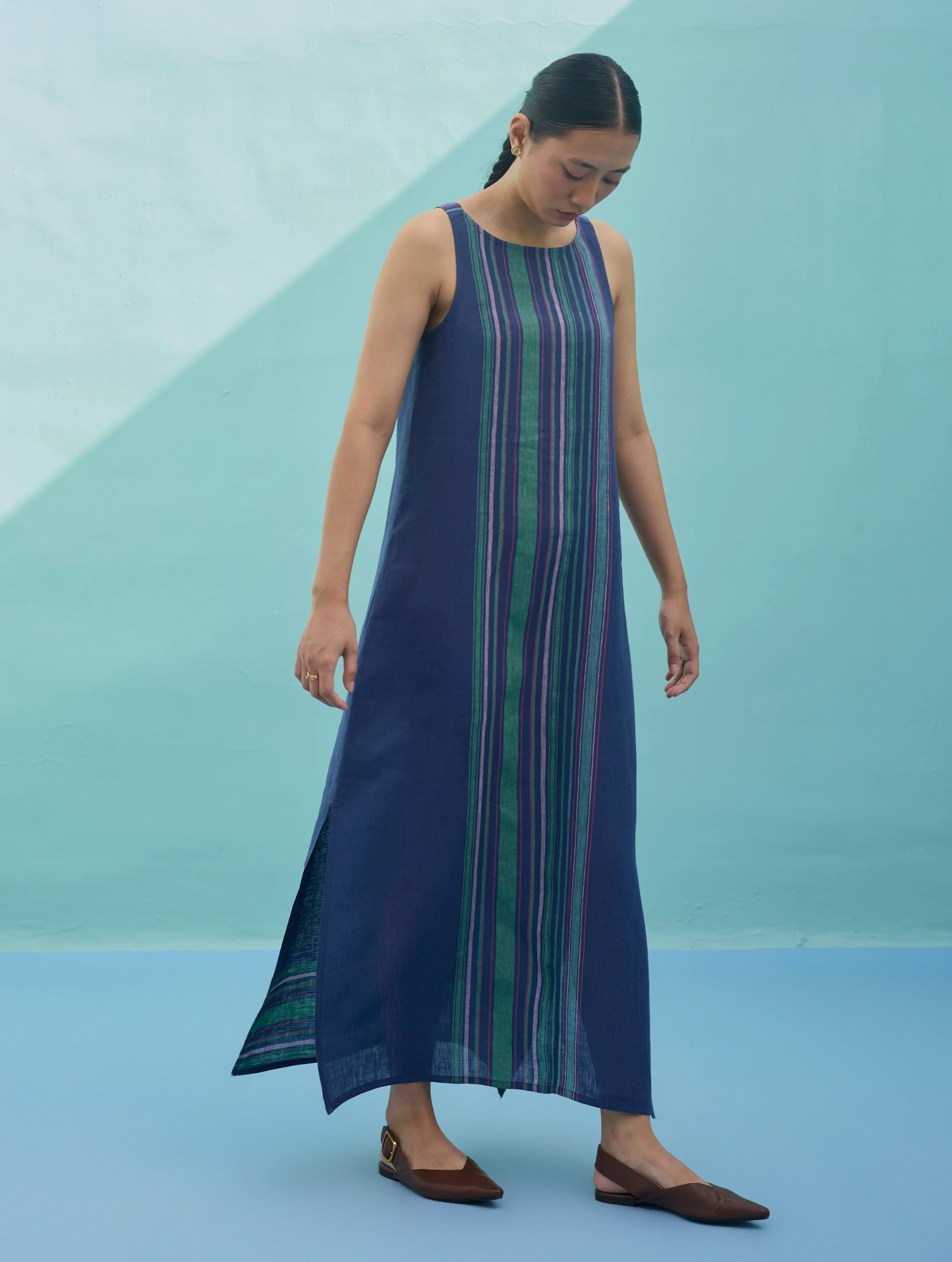 Beli Sleeveless Border Linen Dress - Indigo - Image 3